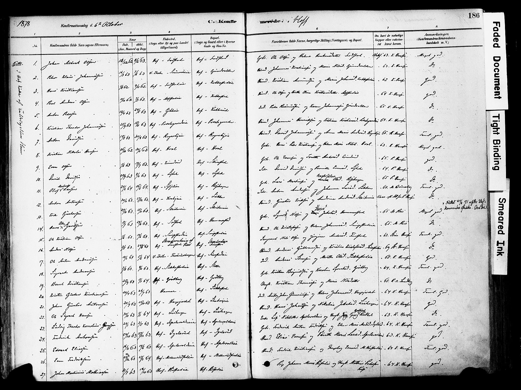 Østre Toten prestekontor, SAH/PREST-104/H/Ha/Haa/L0006: Parish register (official) no. 6 /1, 1878-1896, p. 186