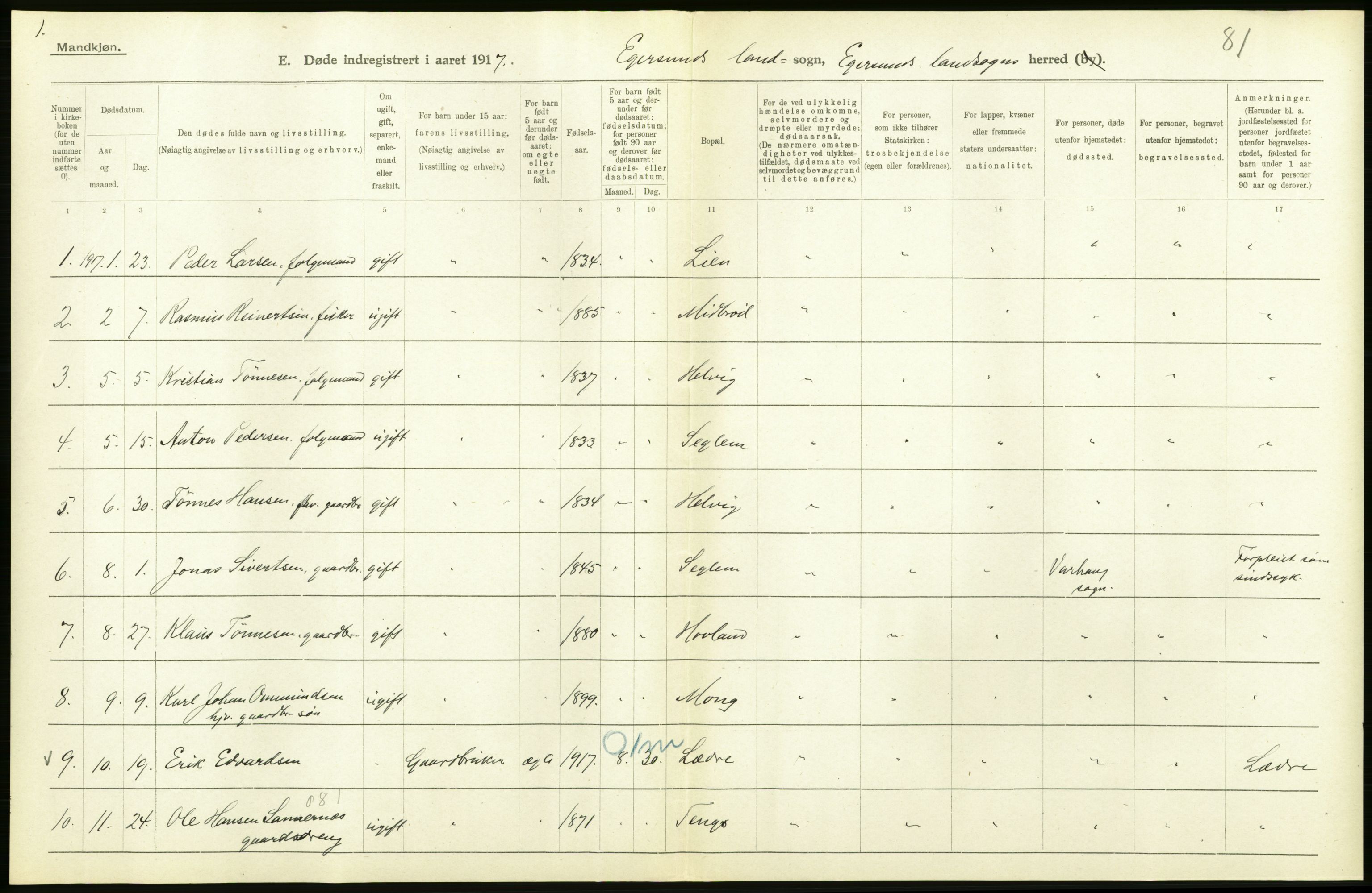 Statistisk sentralbyrå, Sosiodemografiske emner, Befolkning, AV/RA-S-2228/D/Df/Dfb/Dfbg/L0033: Stavanger amt: Døde, dødfødte. Bygder og byer., 1917, p. 16