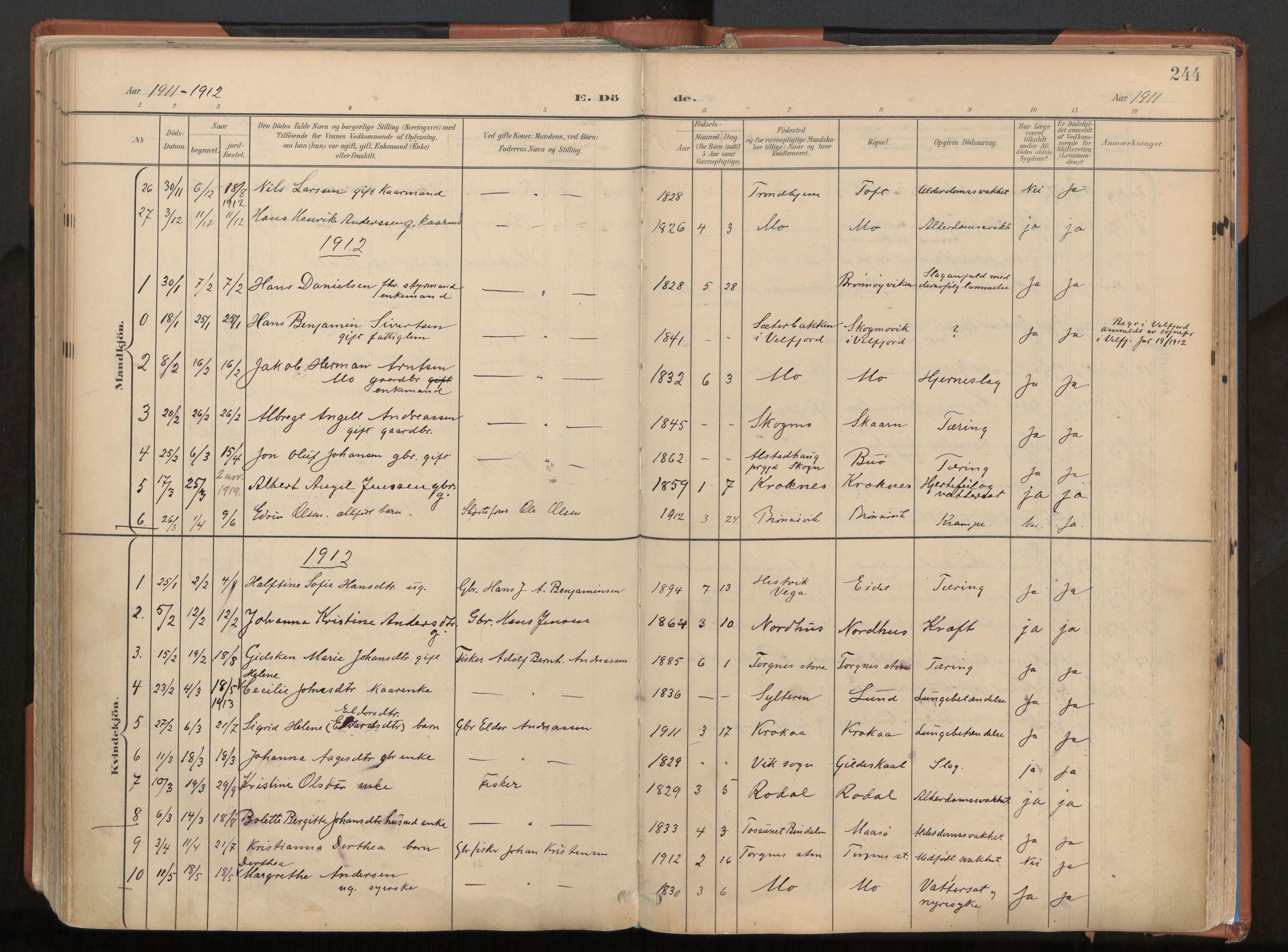 Ministerialprotokoller, klokkerbøker og fødselsregistre - Nordland, AV/SAT-A-1459/813/L0201: Parish register (official) no. 813A11, 1901-1918, p. 244