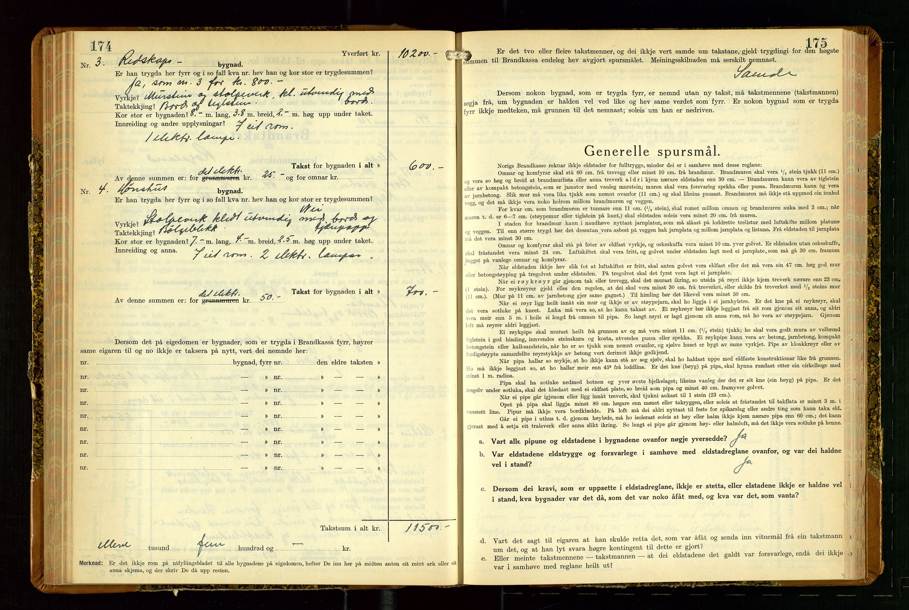 Klepp lensmannskontor, SAST/A-100163/Goc/L0014: "Brandtakstbok" m/register, 1937-1939, p. 174-175