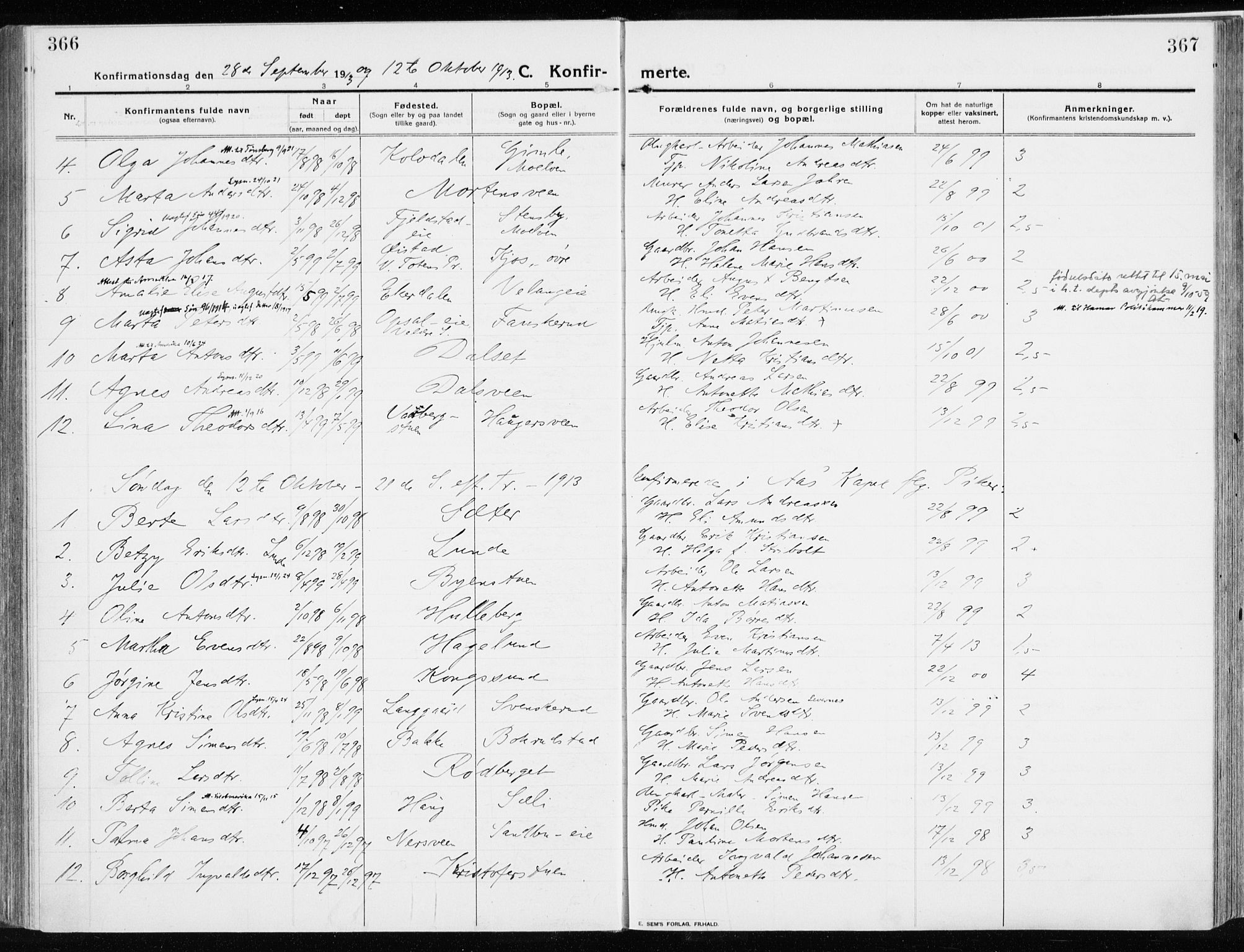 Ringsaker prestekontor, SAH/PREST-014/K/Ka/L0020: Parish register (official) no. 20, 1913-1922, p. 366-367