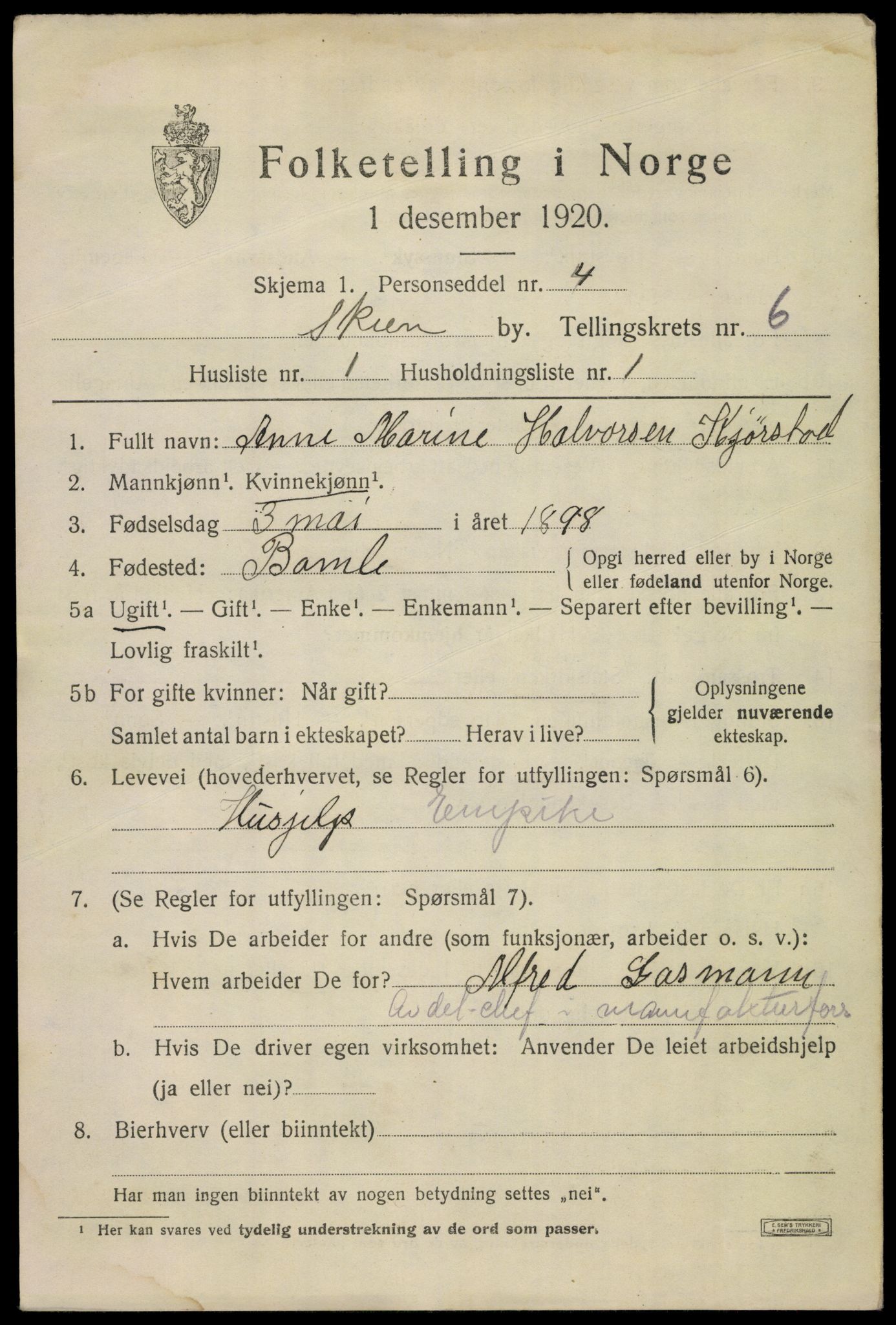 SAKO, 1920 census for Skien, 1920, p. 21832