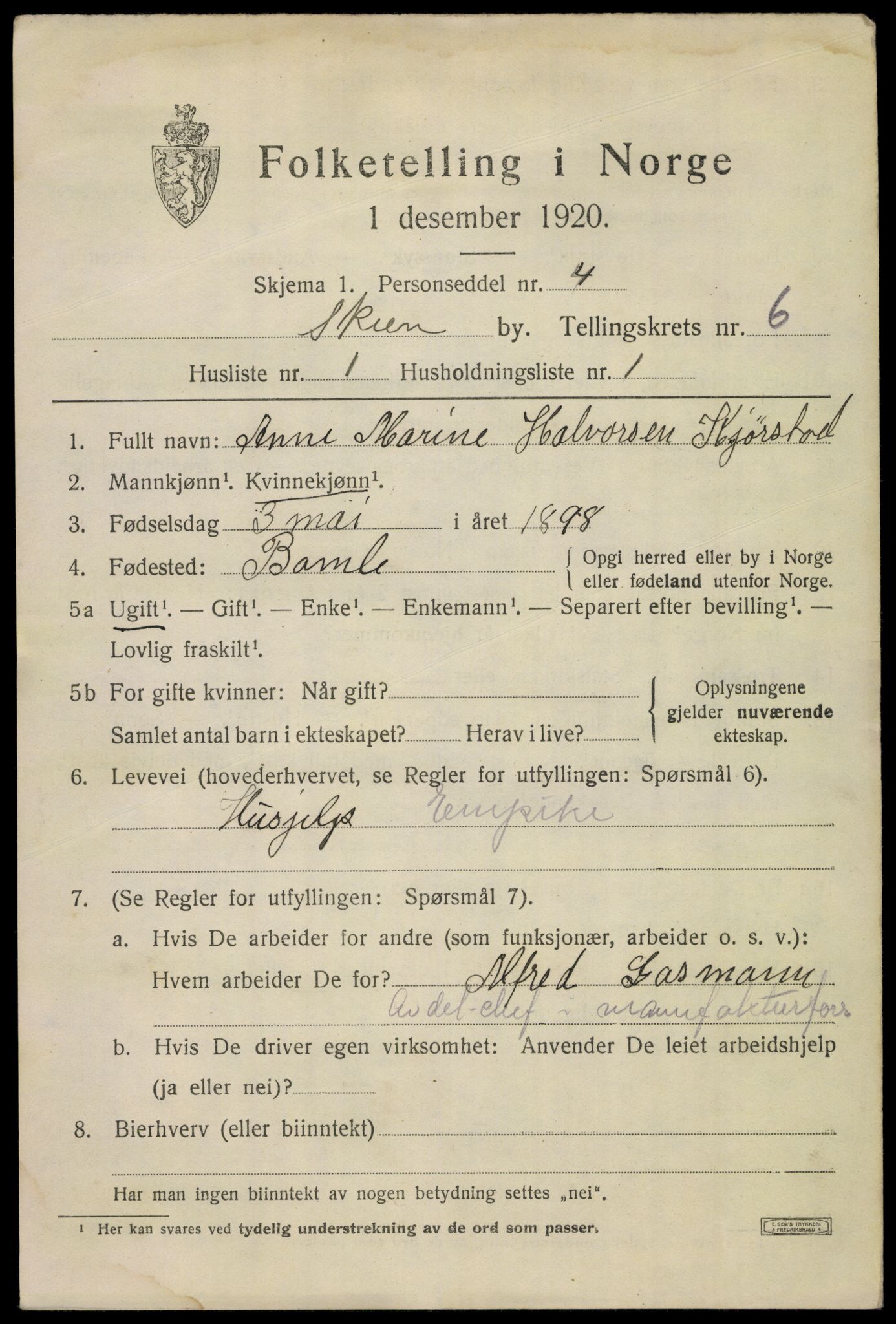 SAKO, 1920 census for Skien, 1920, p. 21832