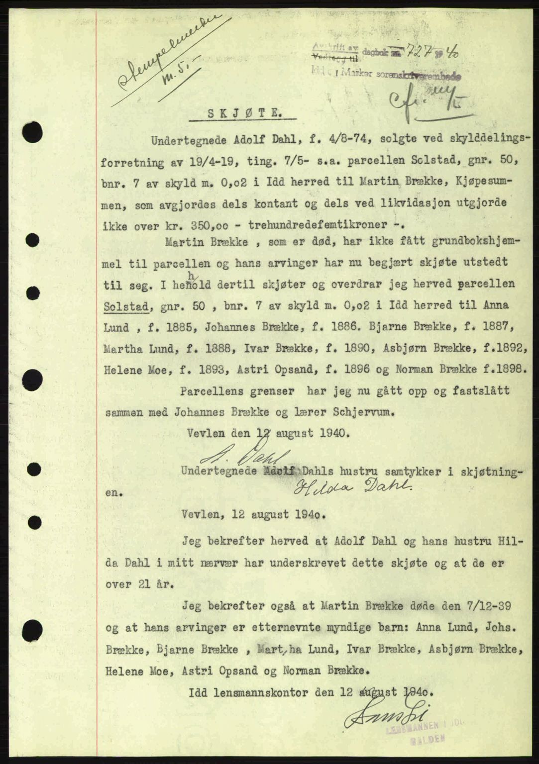 Idd og Marker sorenskriveri, AV/SAO-A-10283/G/Gb/Gbb/L0004: Mortgage book no. A4, 1940-1941, Diary no: : 727/1940