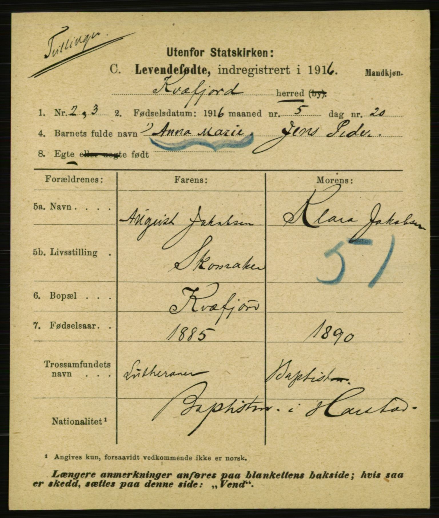 Statistisk sentralbyrå, Sosiodemografiske emner, Befolkning, RA/S-2228/E/L0014: Fødte, gifte, døde dissentere., 1916, p. 2995