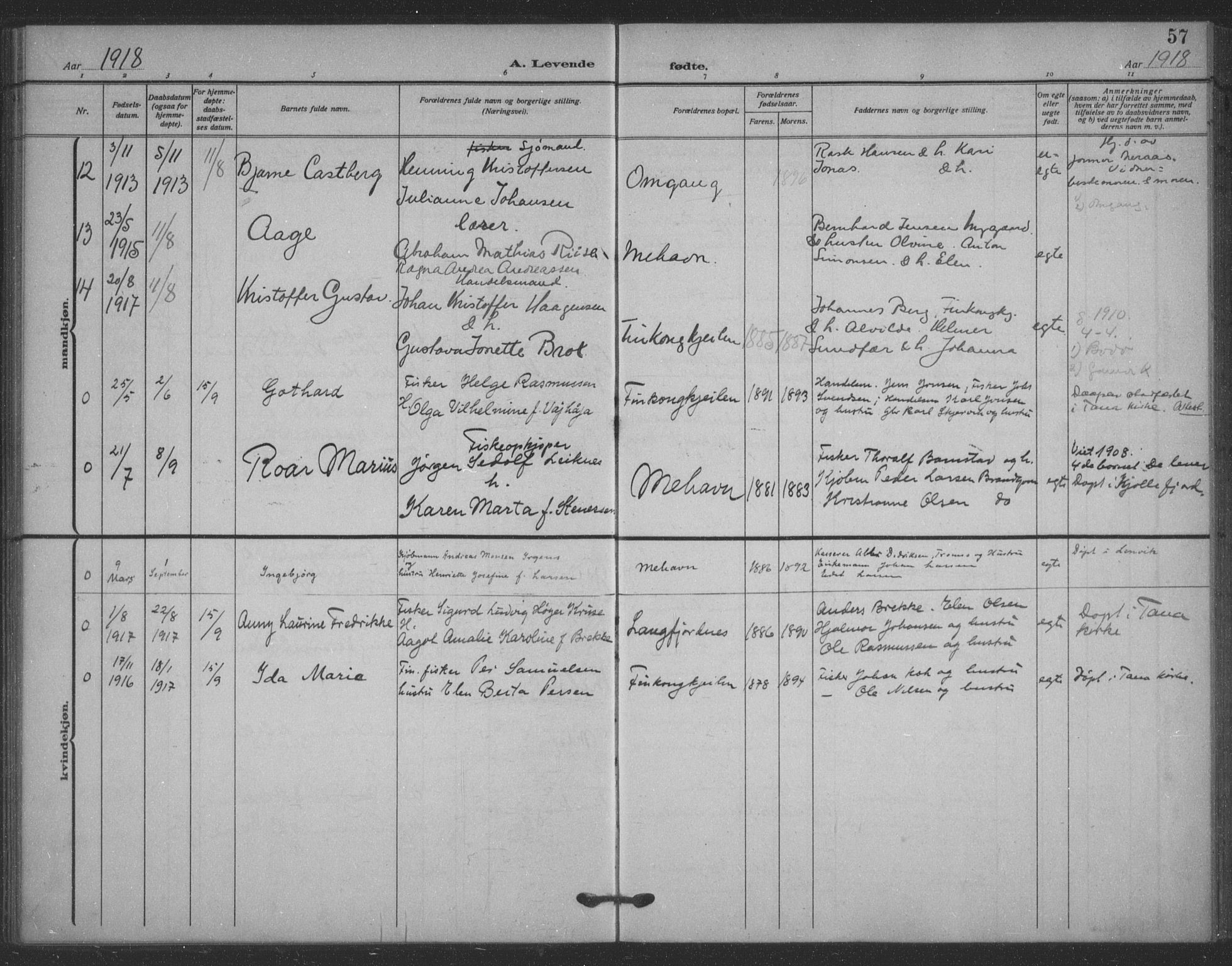 Tana sokneprestkontor, AV/SATØ-S-1334/H/Ha/L0008kirke: Parish register (official) no. 8, 1908-1920, p. 57
