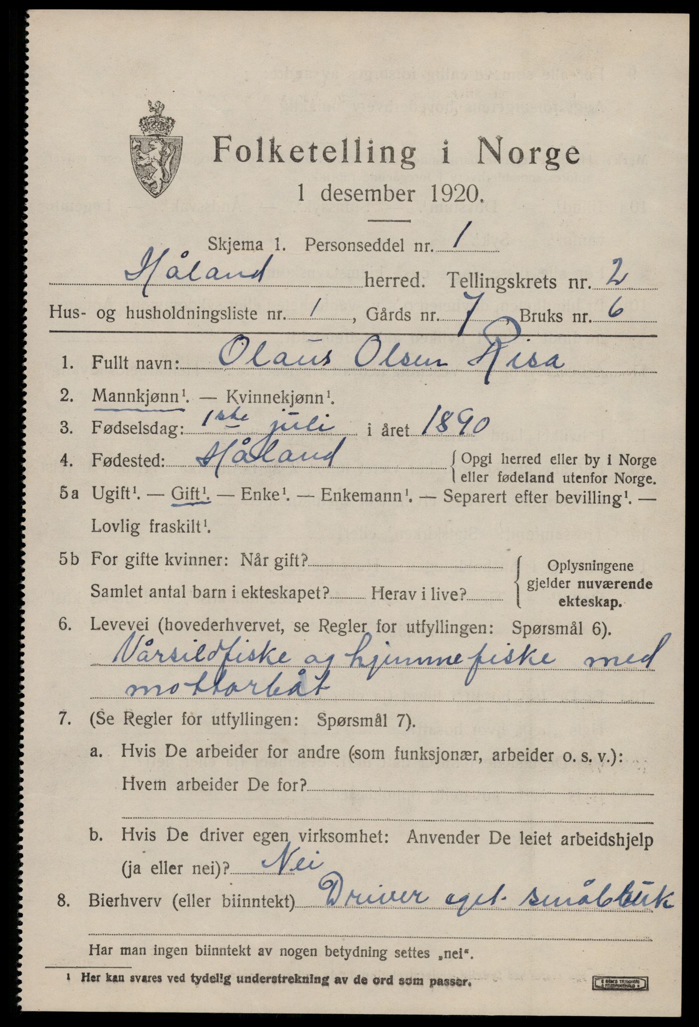 SAST, 1920 census for Håland, 1920, p. 2613