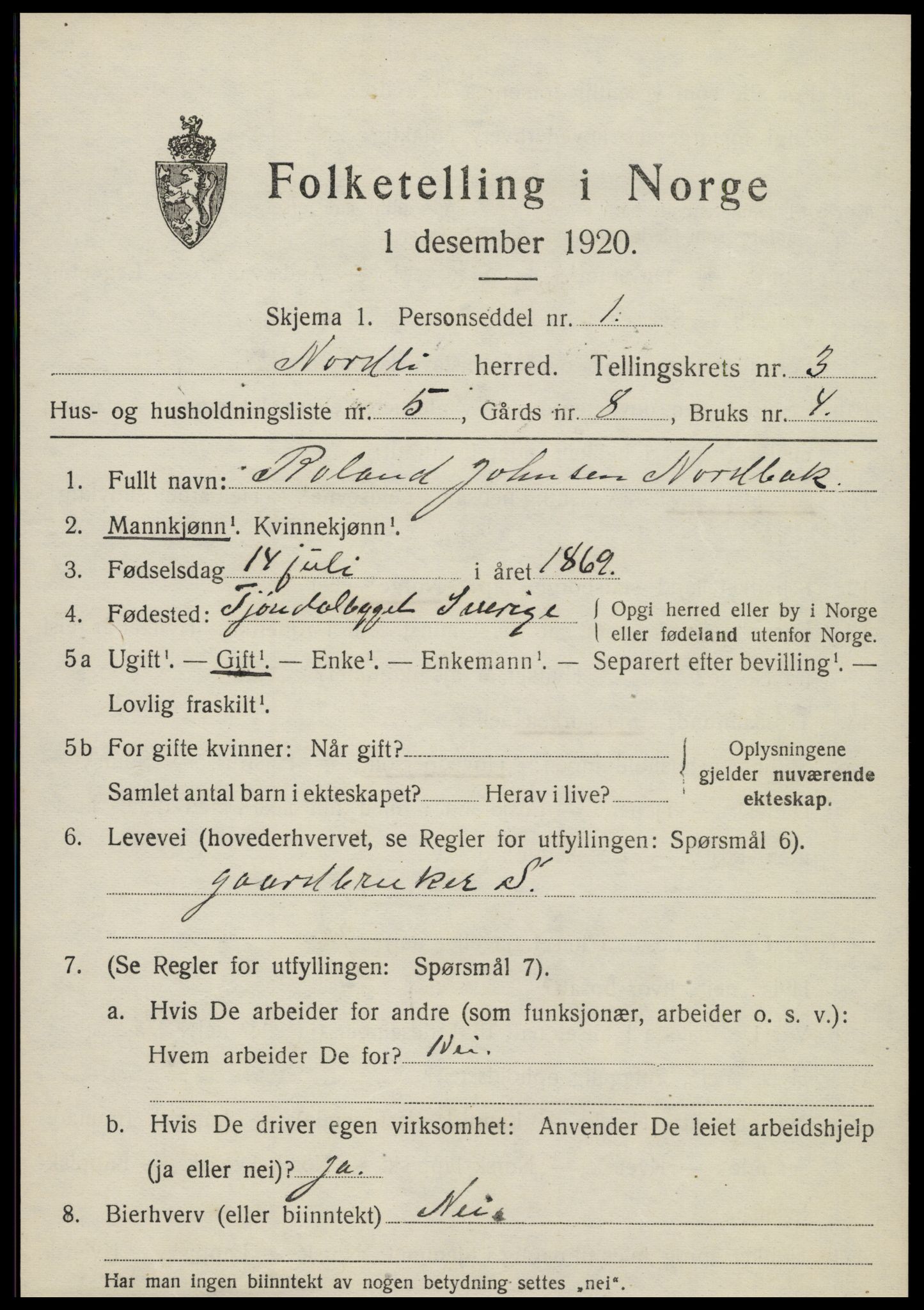 SAT, 1920 census for Nordli, 1920, p. 1449
