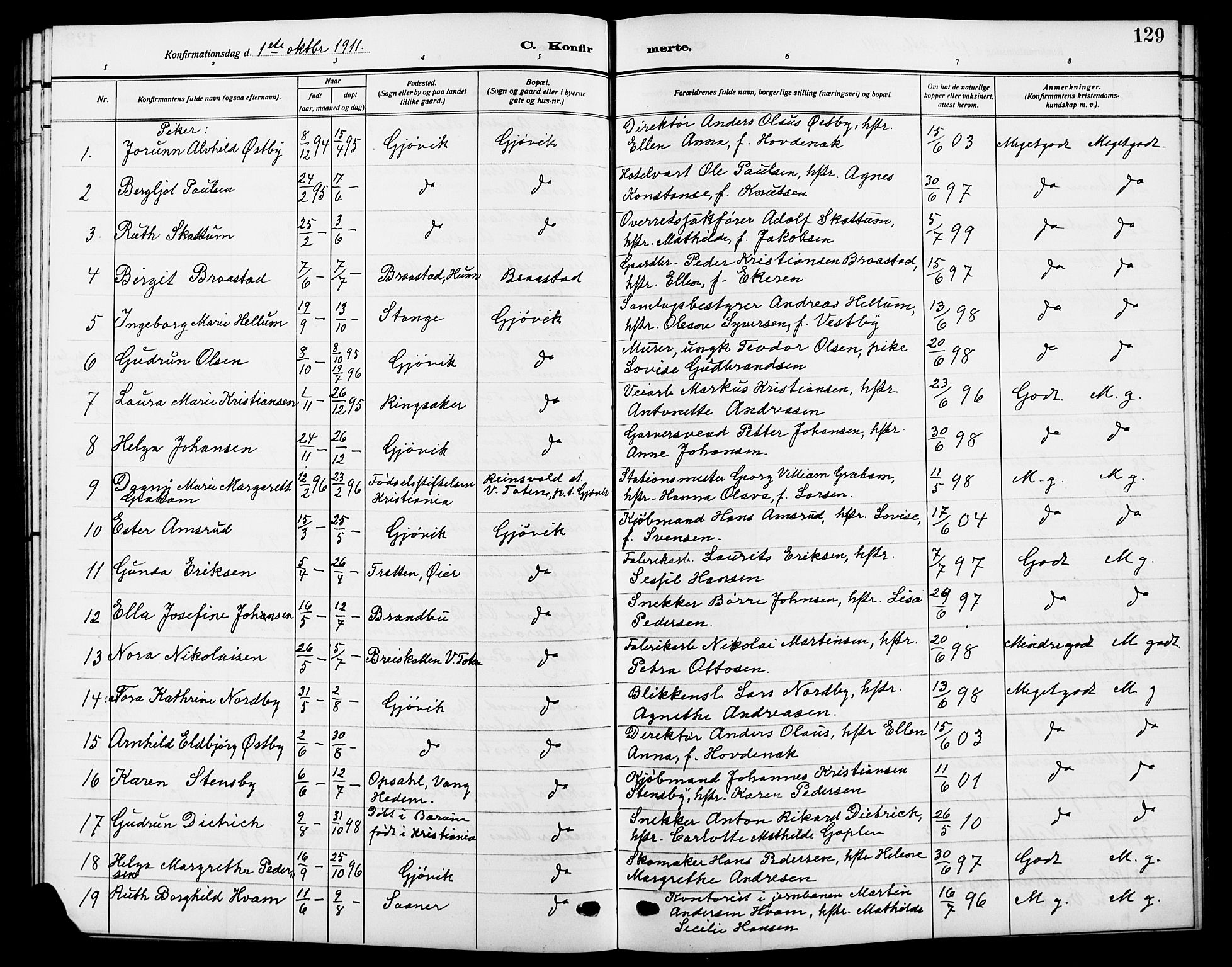 Vardal prestekontor, AV/SAH-PREST-100/H/Ha/Hab/L0014: Parish register (copy) no. 14, 1911-1922, p. 129