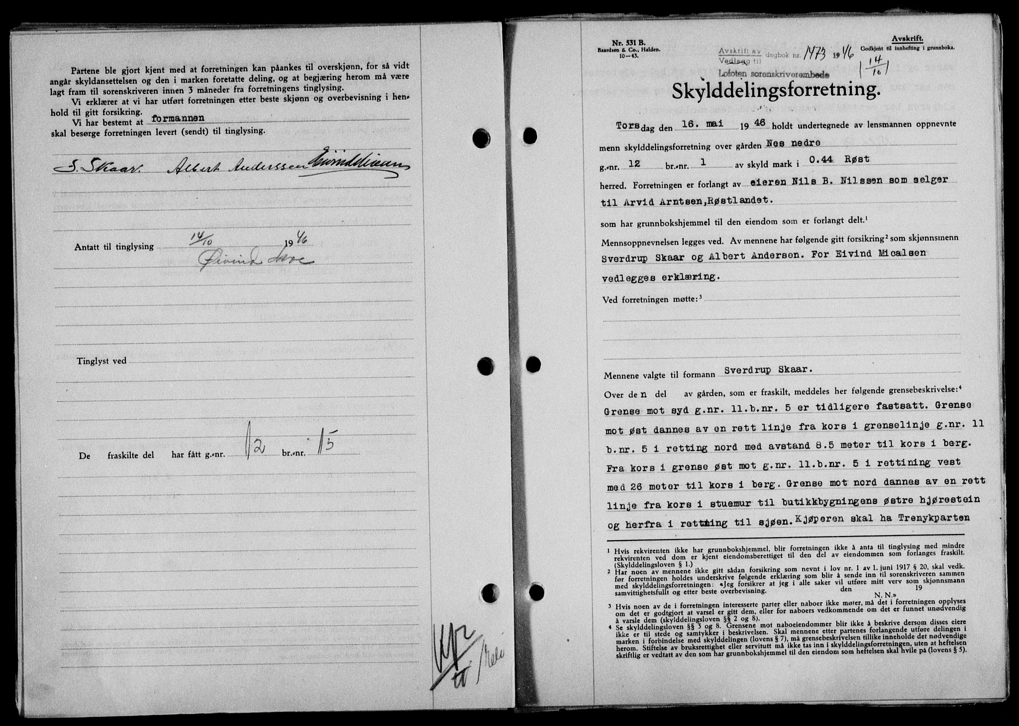 Lofoten sorenskriveri, SAT/A-0017/1/2/2C/L0014a: Mortgage book no. 14a, 1946-1946, Diary no: : 1473/1946