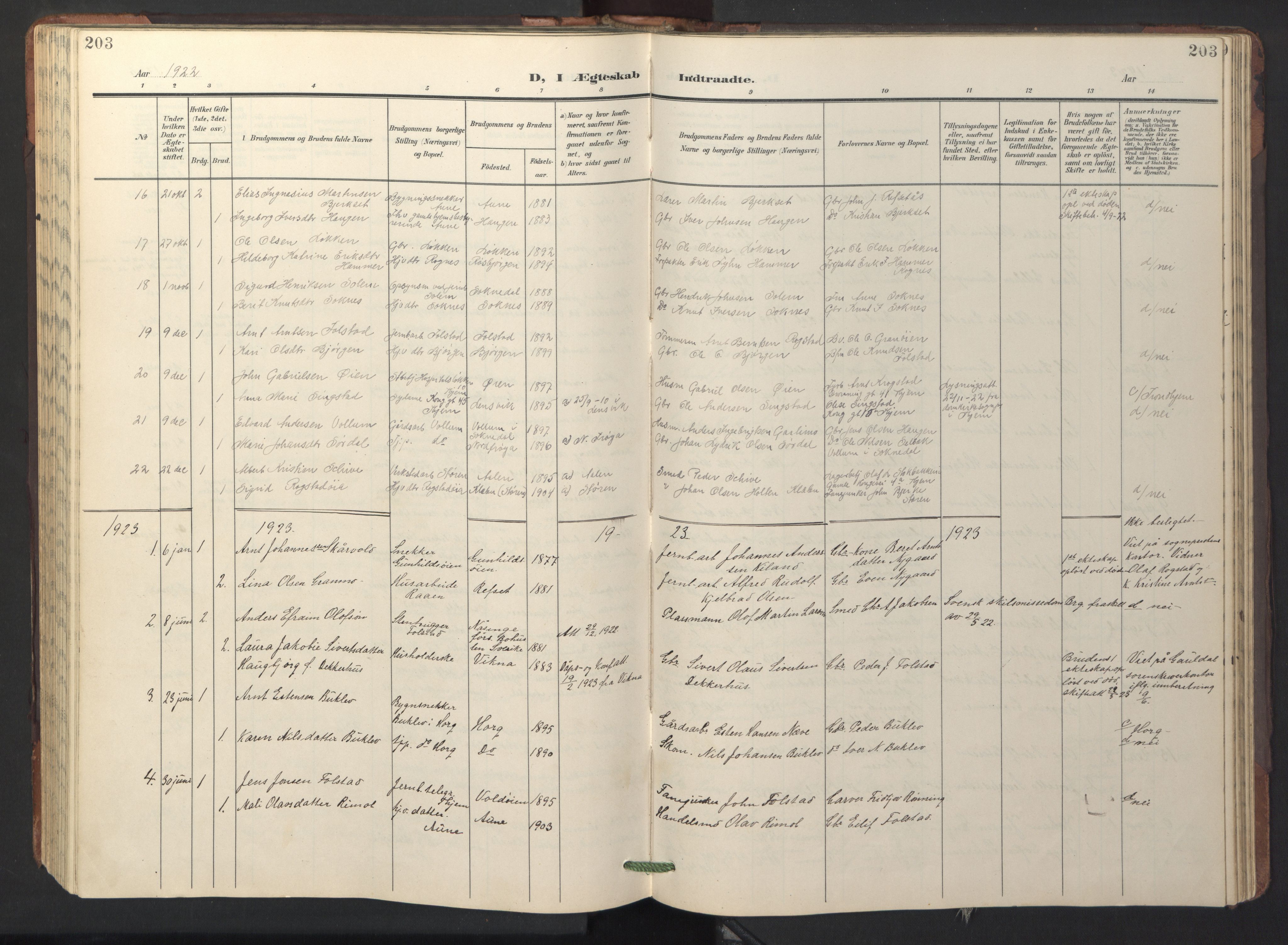 Ministerialprotokoller, klokkerbøker og fødselsregistre - Sør-Trøndelag, SAT/A-1456/687/L1019: Parish register (copy) no. 687C03, 1904-1931, p. 203