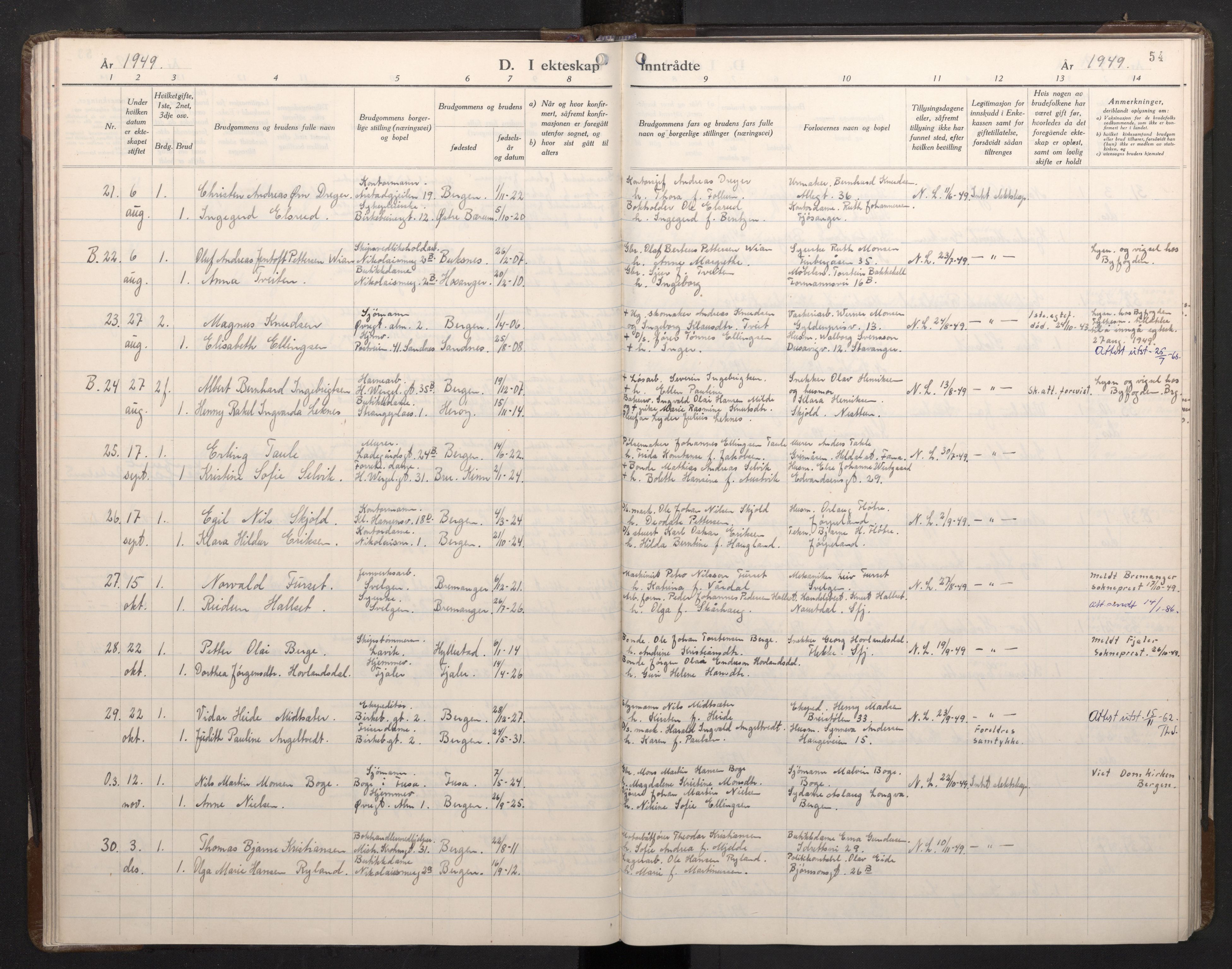 Mariakirken Sokneprestembete, AV/SAB-A-76901/H/Haa/L0019: Parish register (official) no. D 1, 1939-1963, p. 53b-54a