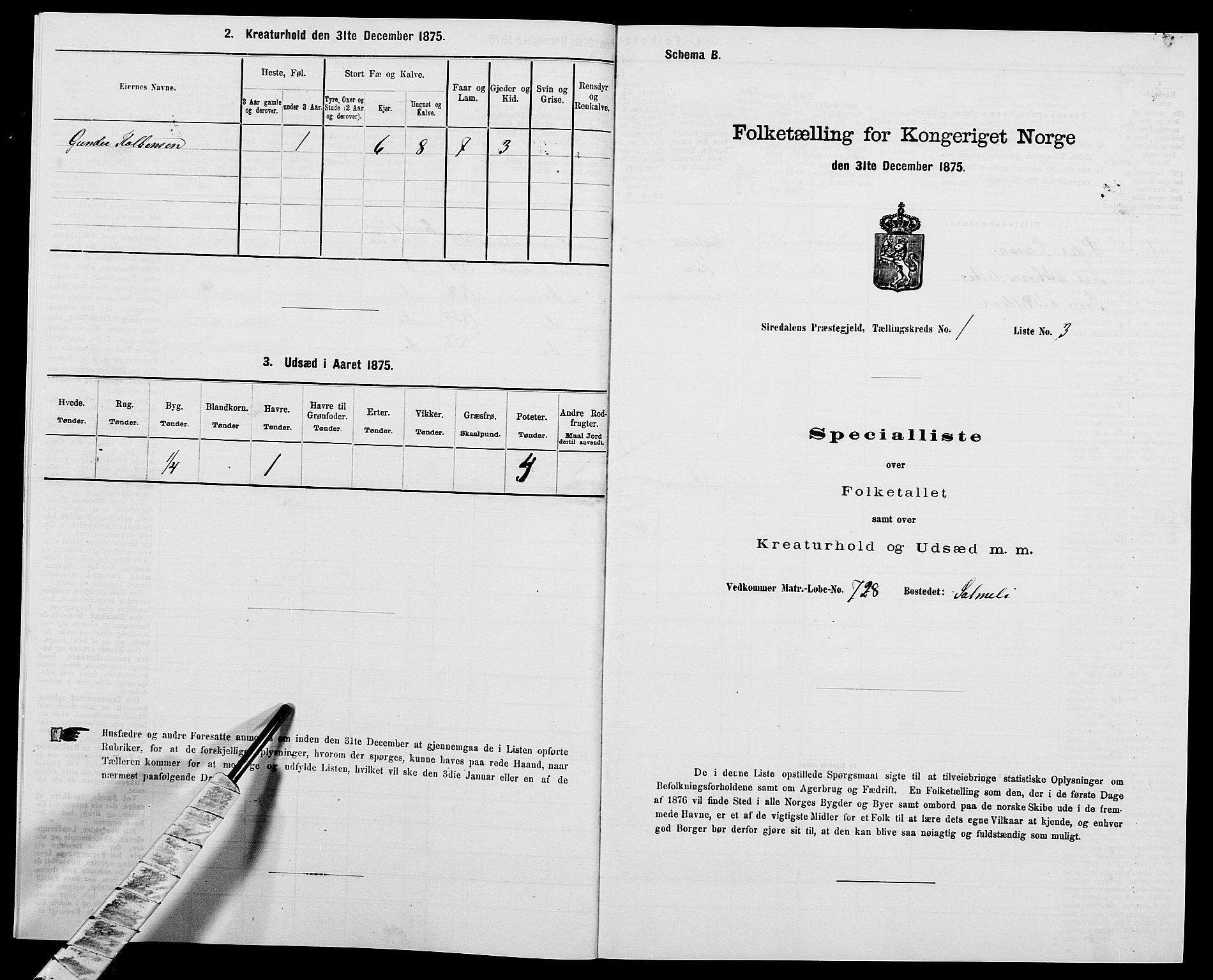 SAK, 1875 census for 1046P Sirdal, 1875, p. 46