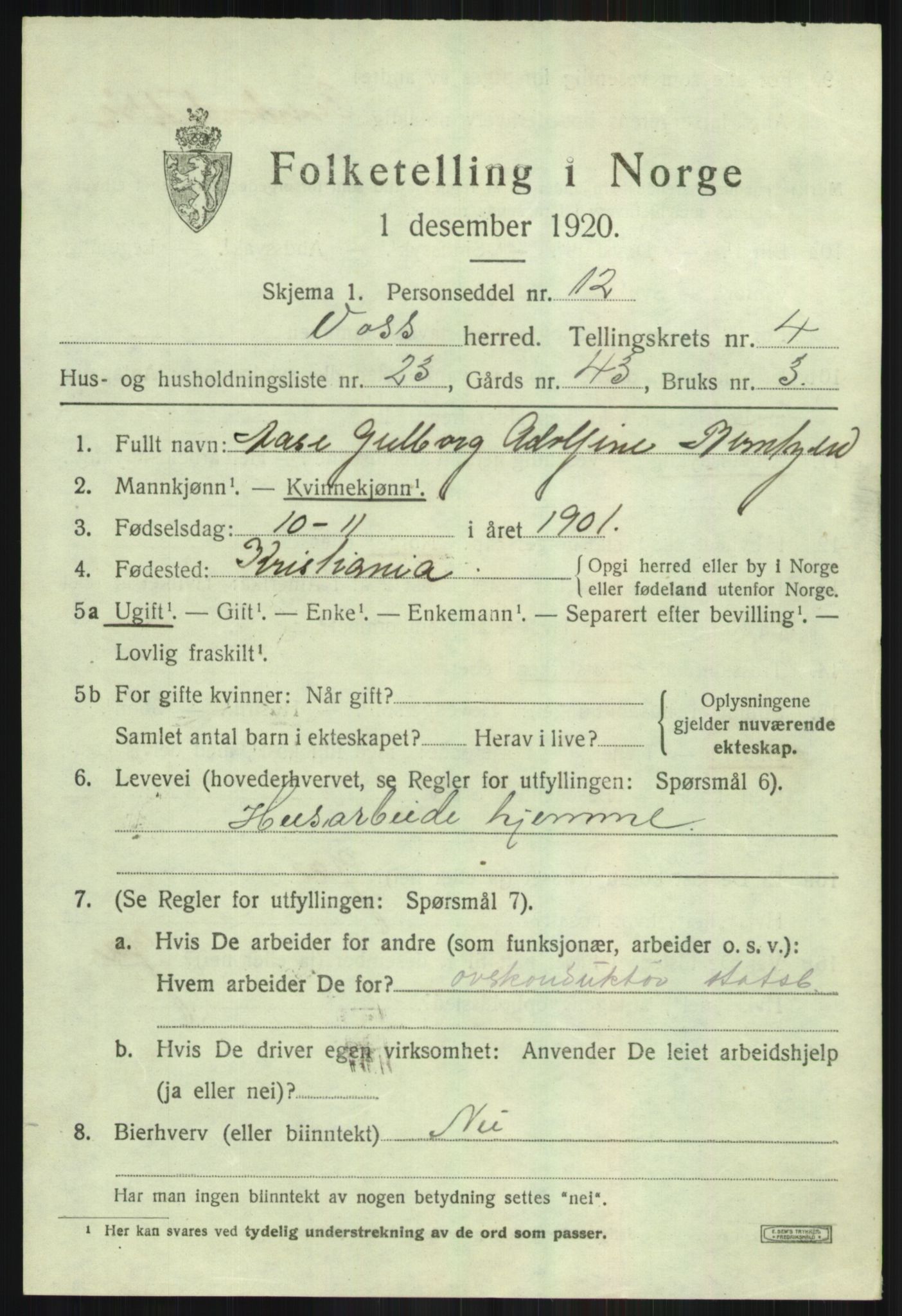 SAB, 1920 census for Voss, 1920, p. 5145