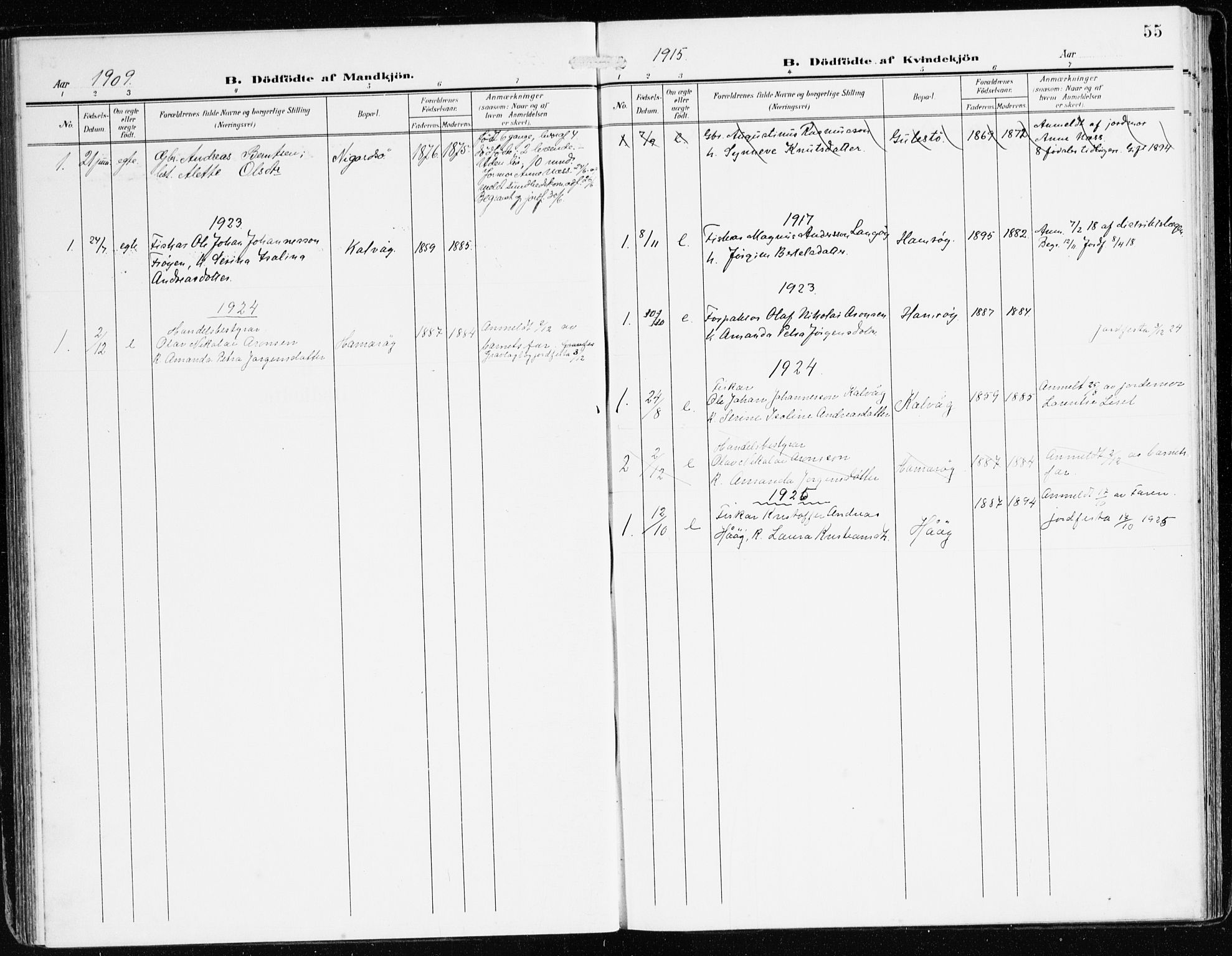 Bremanger sokneprestembete, SAB/A-82201/H/Haa/Haab/L0003: Parish register (official) no. B 3, 1908-1925, p. 55