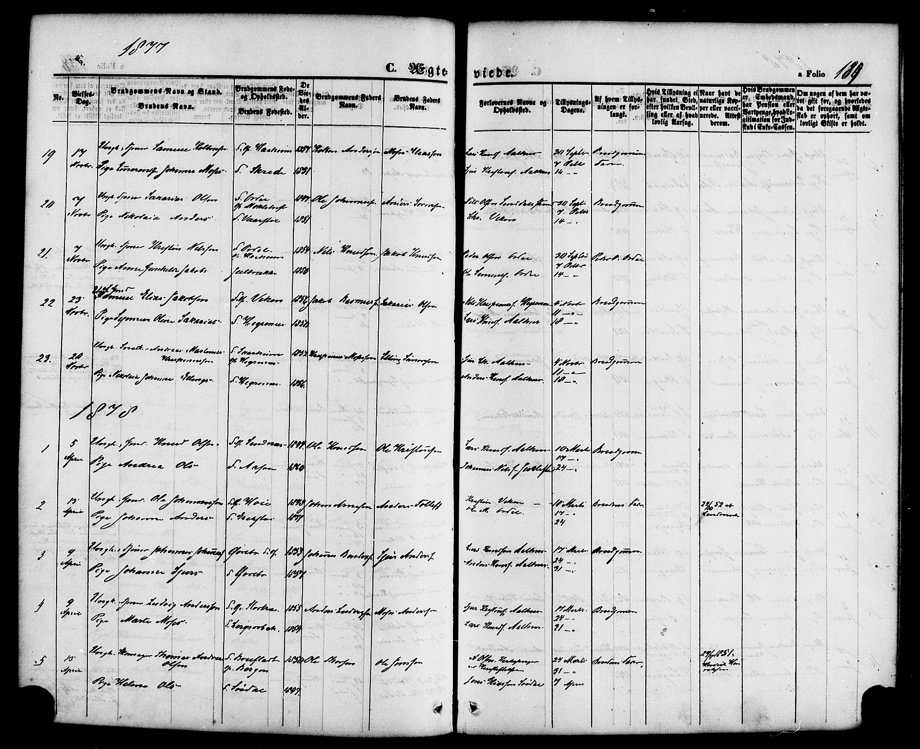 Jølster sokneprestembete, SAB/A-80701/H/Haa/Haaa/L0011: Parish register (official) no. A 11, 1866-1881, p. 189
