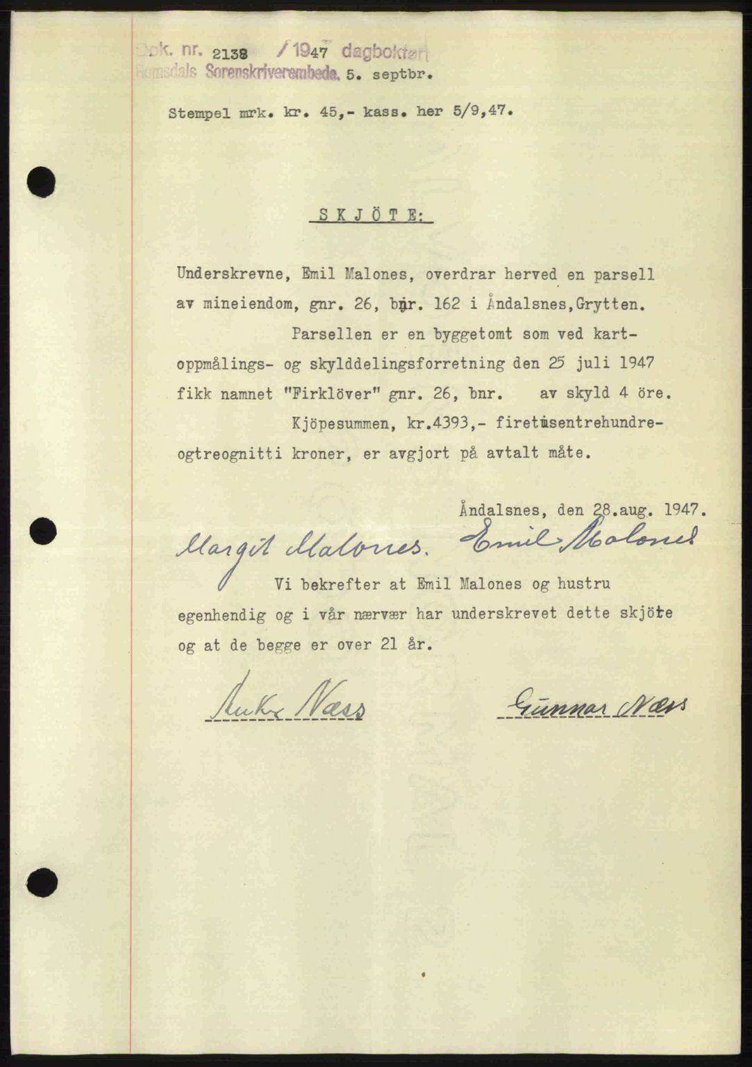 Romsdal sorenskriveri, SAT/A-4149/1/2/2C: Mortgage book no. A24, 1947-1947, Diary no: : 2138/1947