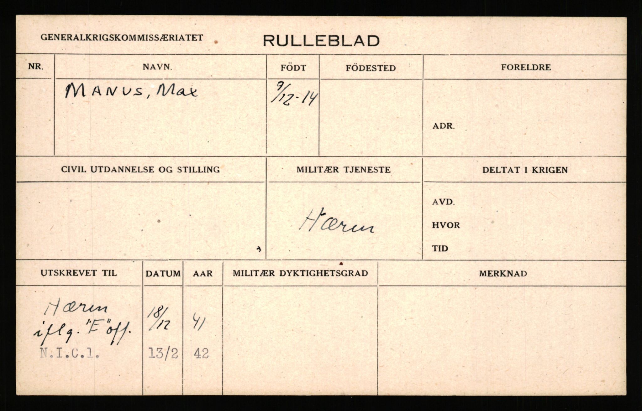 Forsvaret, Generalkrigskommissariatet i London 1940-1945, AV/RA-RAFA-1935/P/Pa/L0029: "Det hemmelige kartotek" med rulleblad for Kompani Linge, N.I.C.1 (Hæren) og NOR I.U. (Marinen), 1940-1945, p. 498