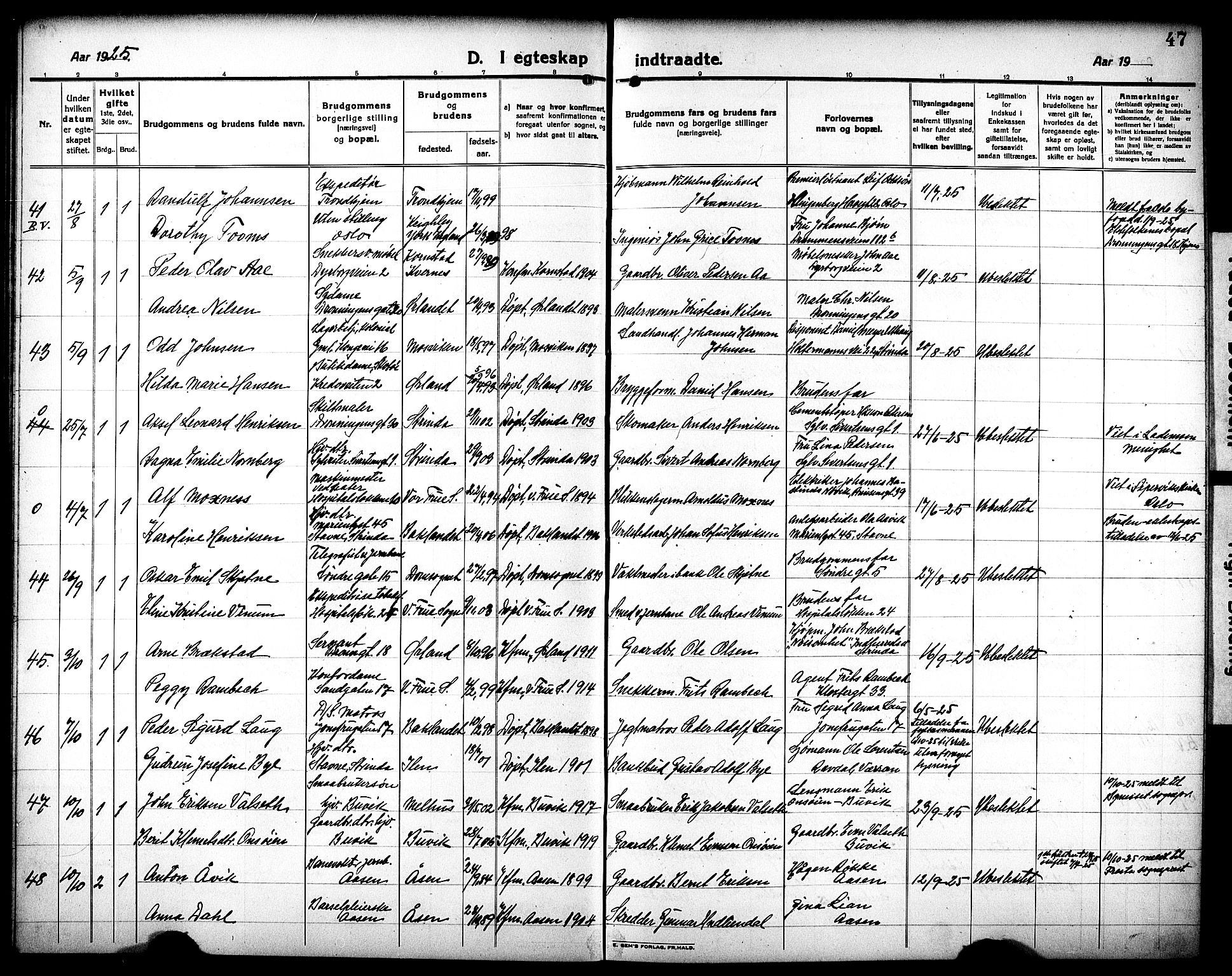 Ministerialprotokoller, klokkerbøker og fødselsregistre - Sør-Trøndelag, AV/SAT-A-1456/602/L0149: Parish register (copy) no. 602C17, 1919-1932, p. 47