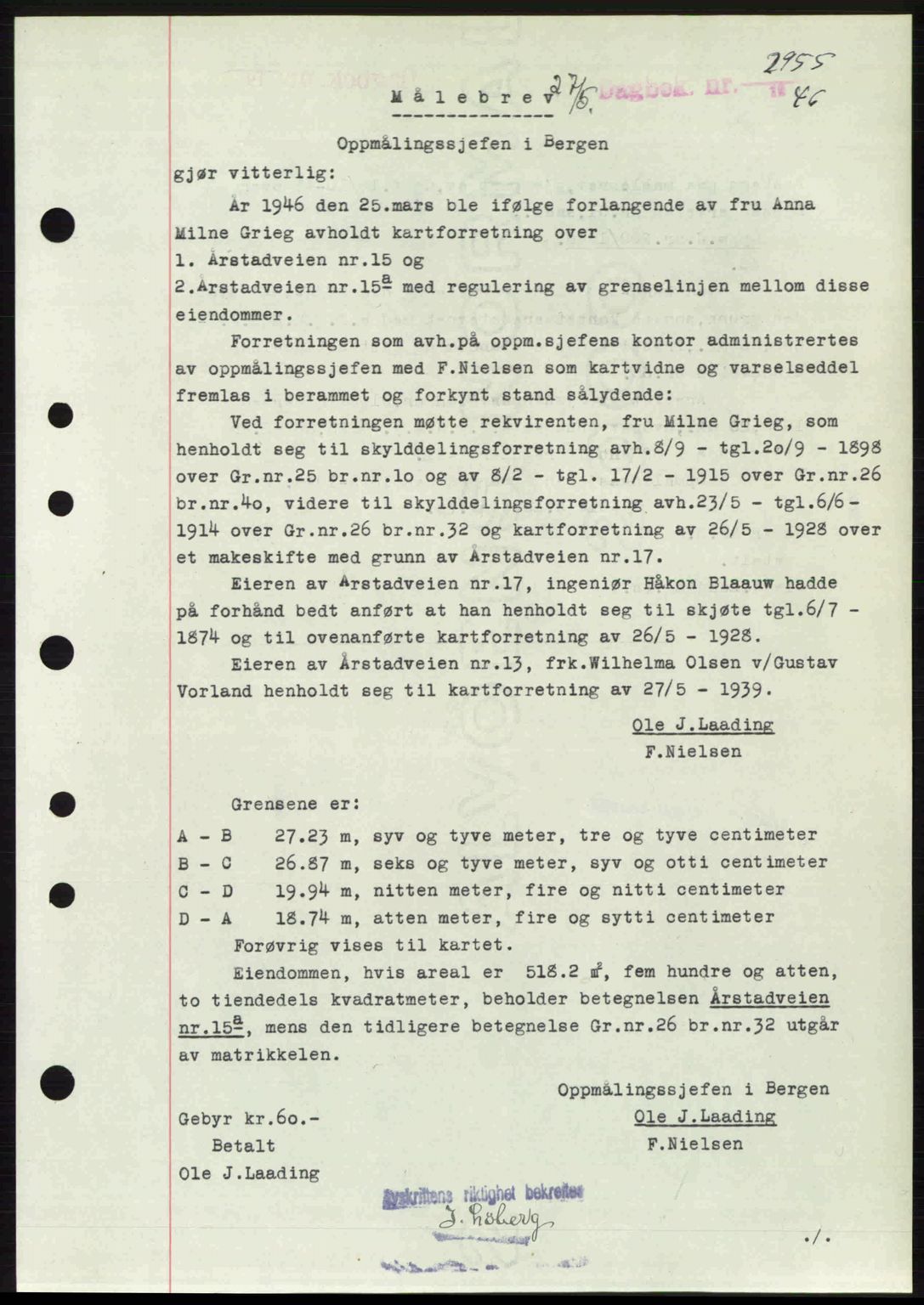 Byfogd og Byskriver i Bergen, SAB/A-3401/03/03Bc/L0022: Mortgage book no. A18, 1946-1946, Diary no: : 2955/1946