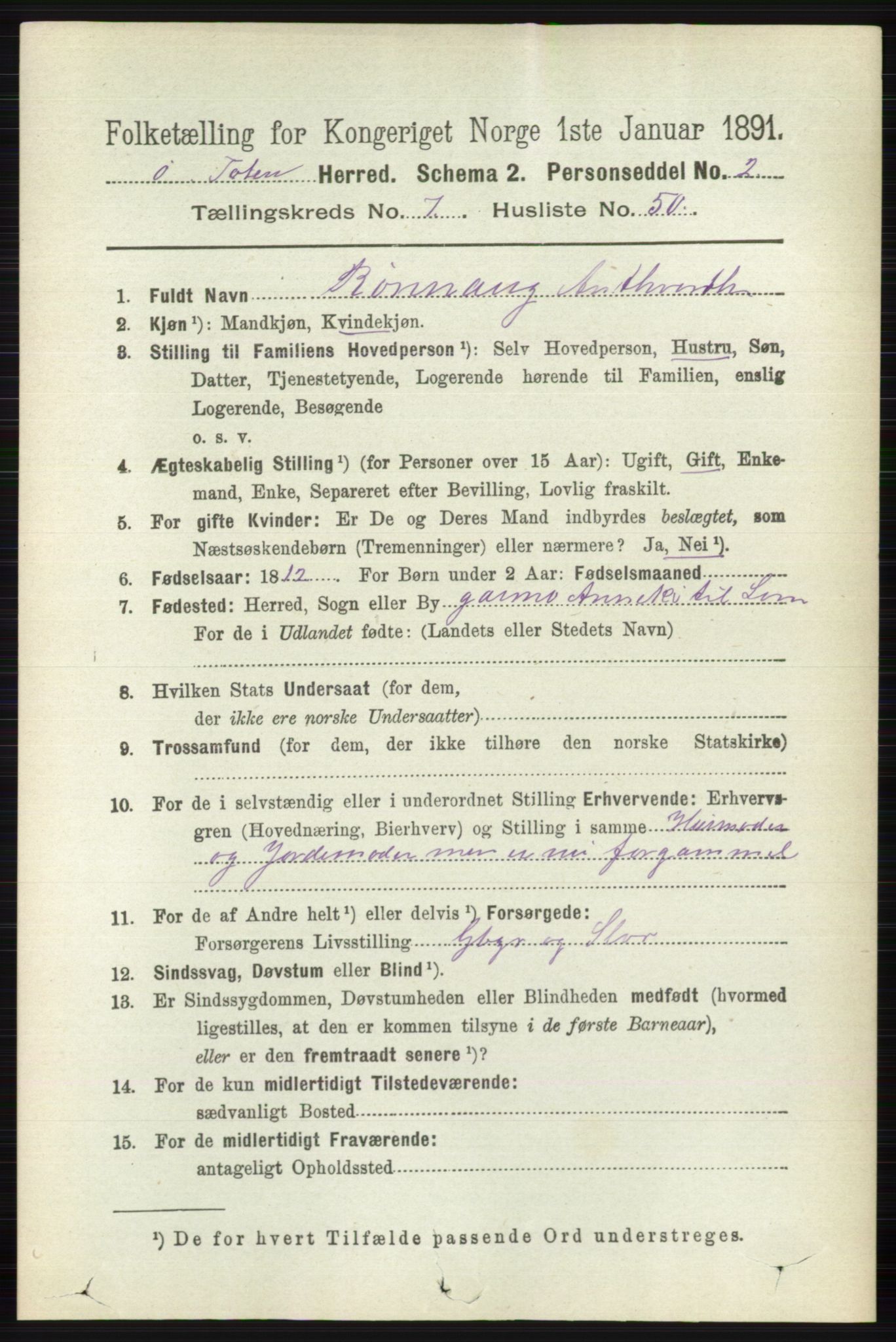 RA, 1891 census for 0528 Østre Toten, 1891, p. 4724