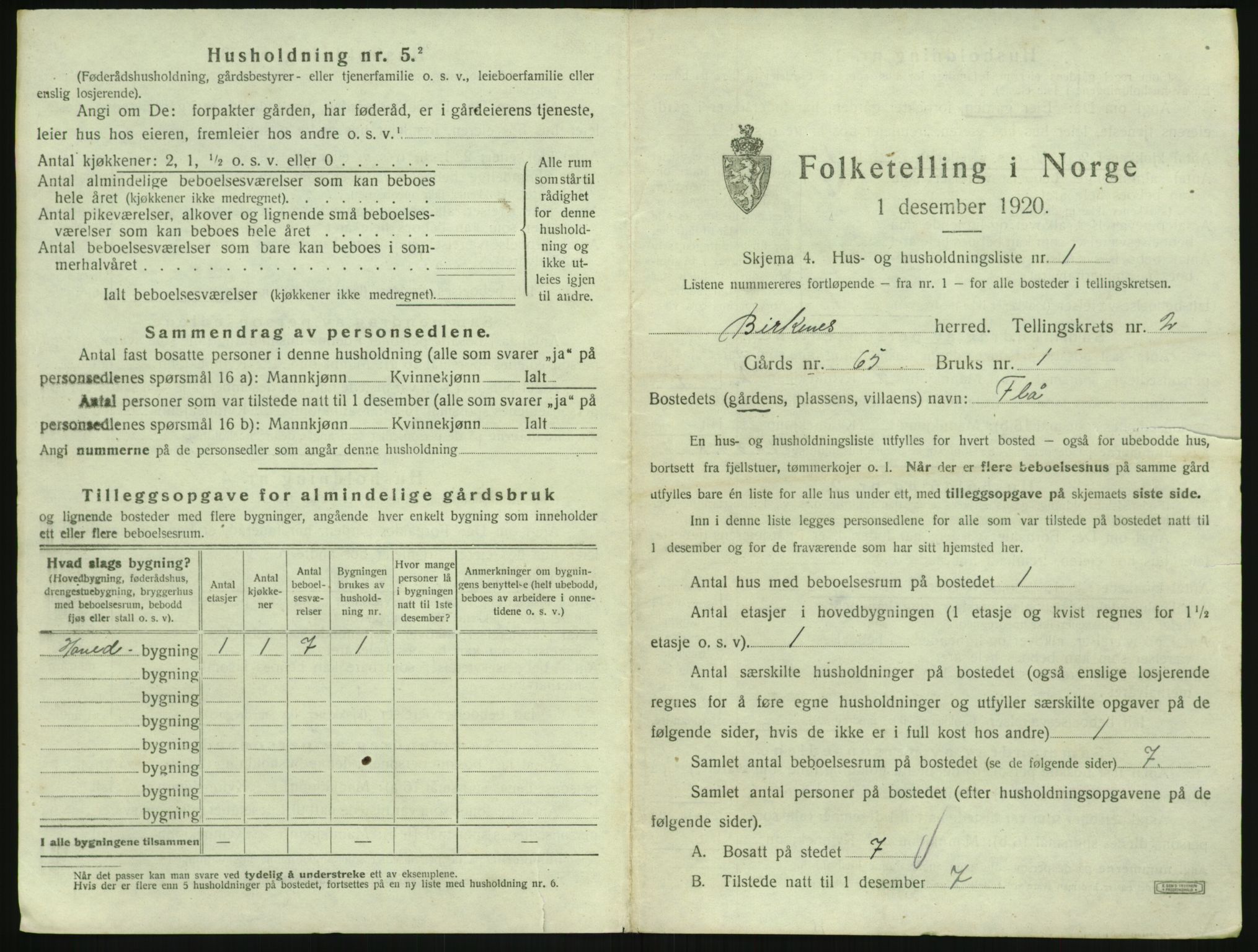 SAK, 1920 census for Birkenes, 1920, p. 91