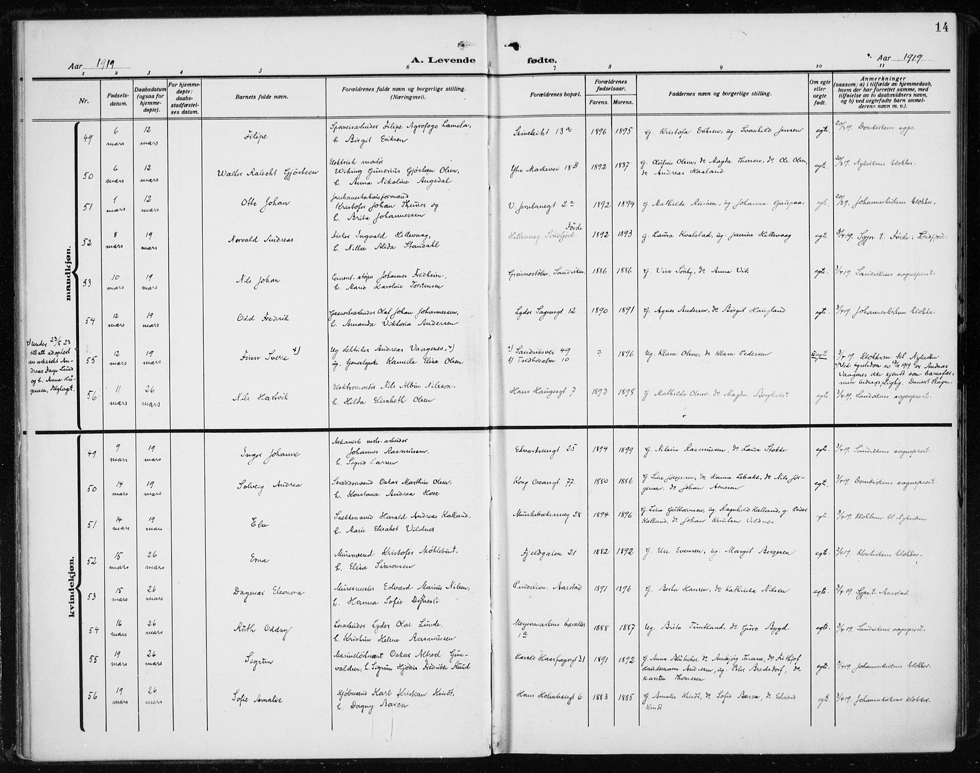 Fødselsstiftelsens sokneprestembete*, SAB/-: Parish register (official) no. A 5, 1918-1926, p. 14