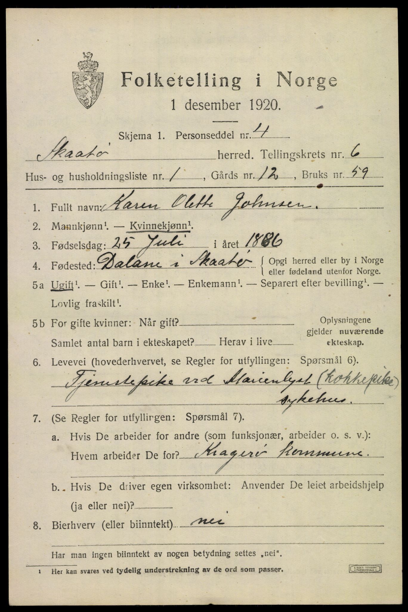 SAKO, 1920 census for Skåtøy, 1920, p. 4702