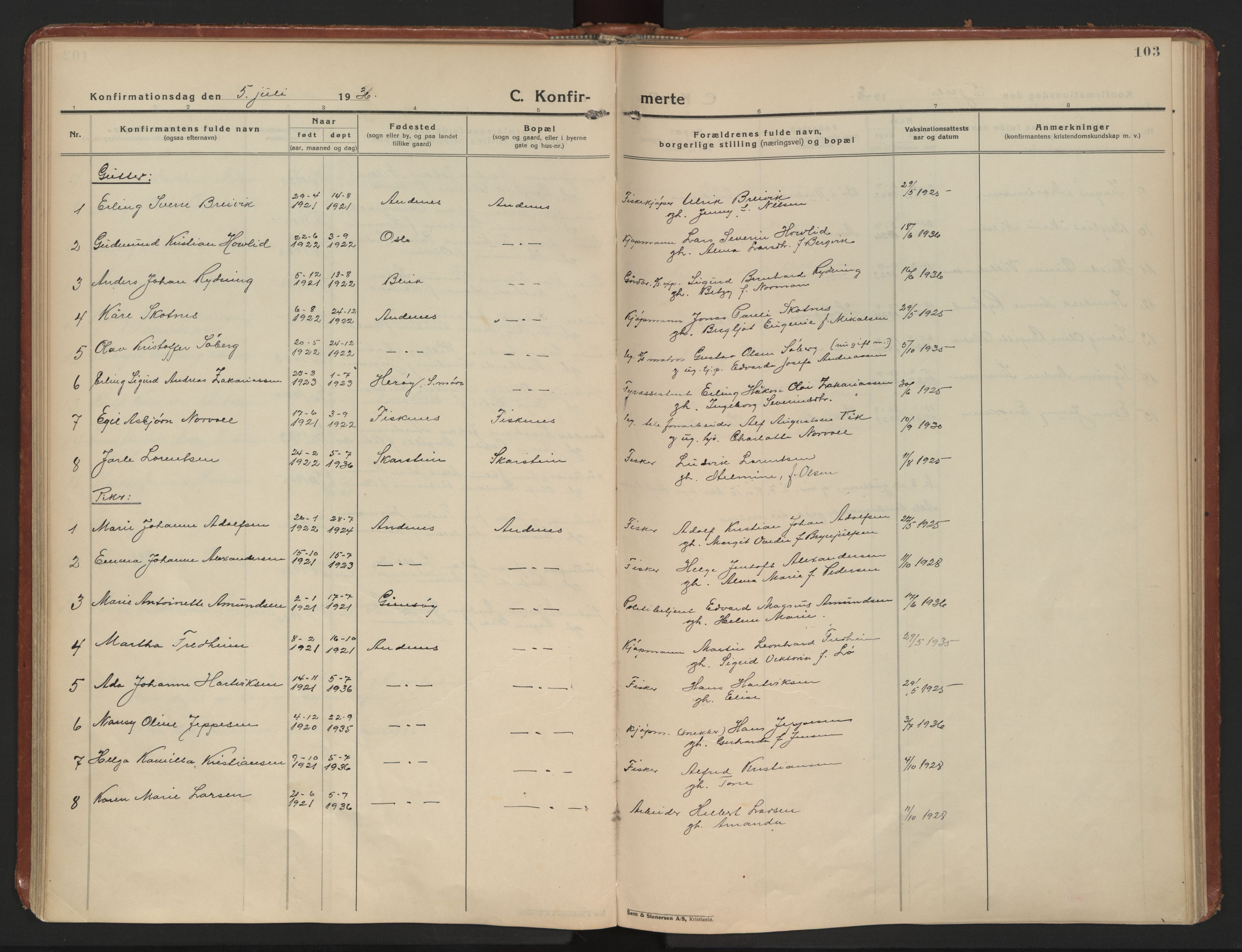 Ministerialprotokoller, klokkerbøker og fødselsregistre - Nordland, SAT/A-1459/899/L1441: Parish register (official) no. 899A09, 1923-1939, p. 103