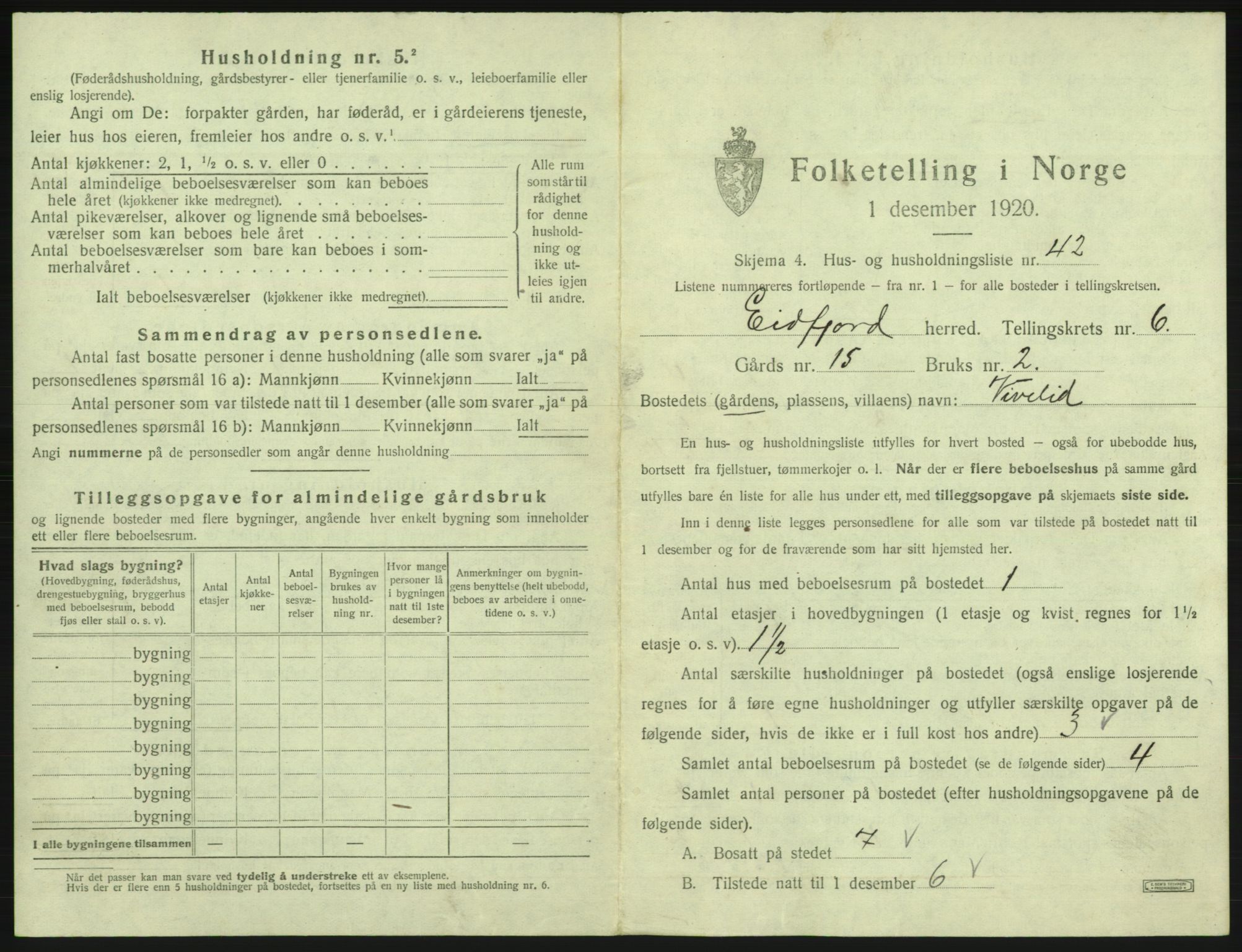 SAB, 1920 census for Eidfjord, 1920, p. 399