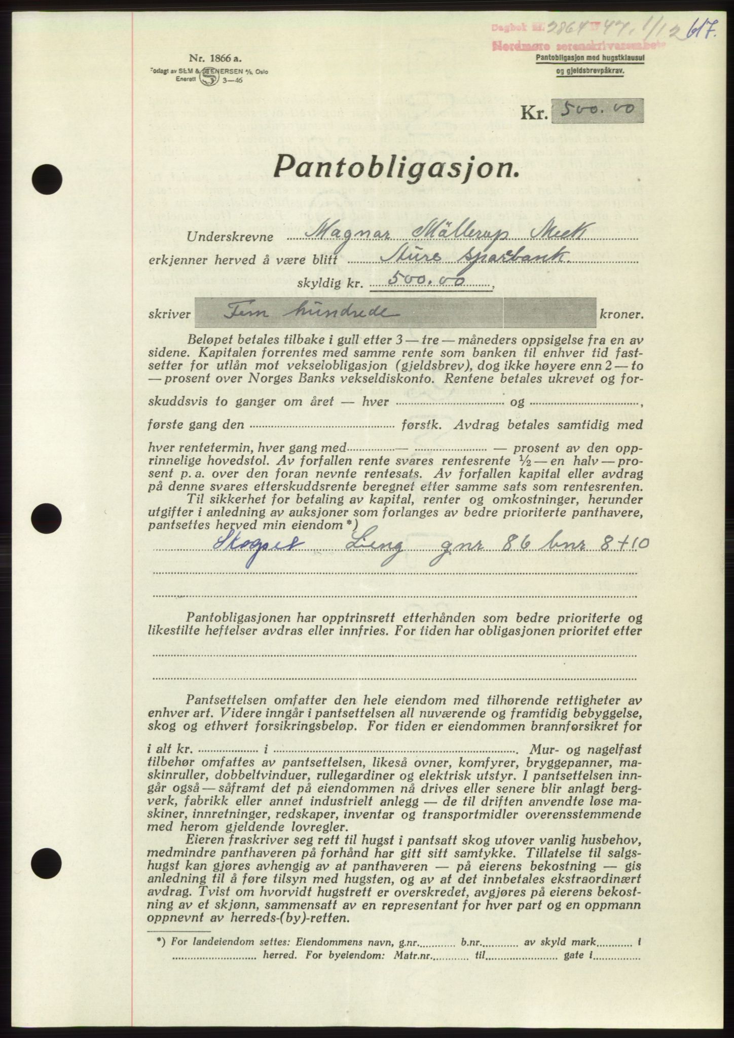 Nordmøre sorenskriveri, AV/SAT-A-4132/1/2/2Ca: Mortgage book no. B97, 1947-1948, Diary no: : 2864/1947