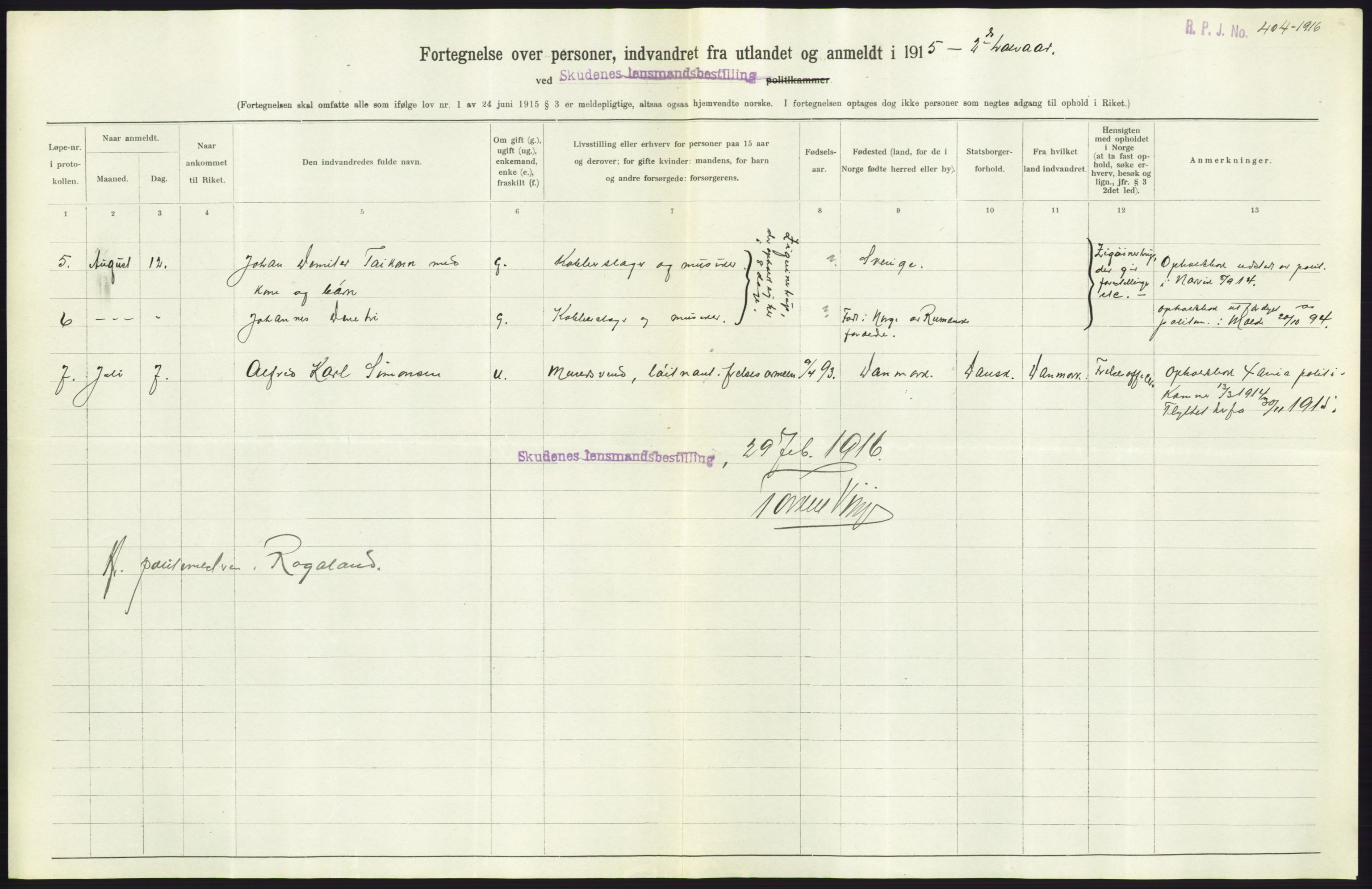 Statistisk sentralbyrå, Sosioøkonomiske emner, Folketellinger, boliger og boforhold, AV/RA-S-2231/F/Fa/L0001: Innvandring. Navn/fylkesvis, 1915, p. 396