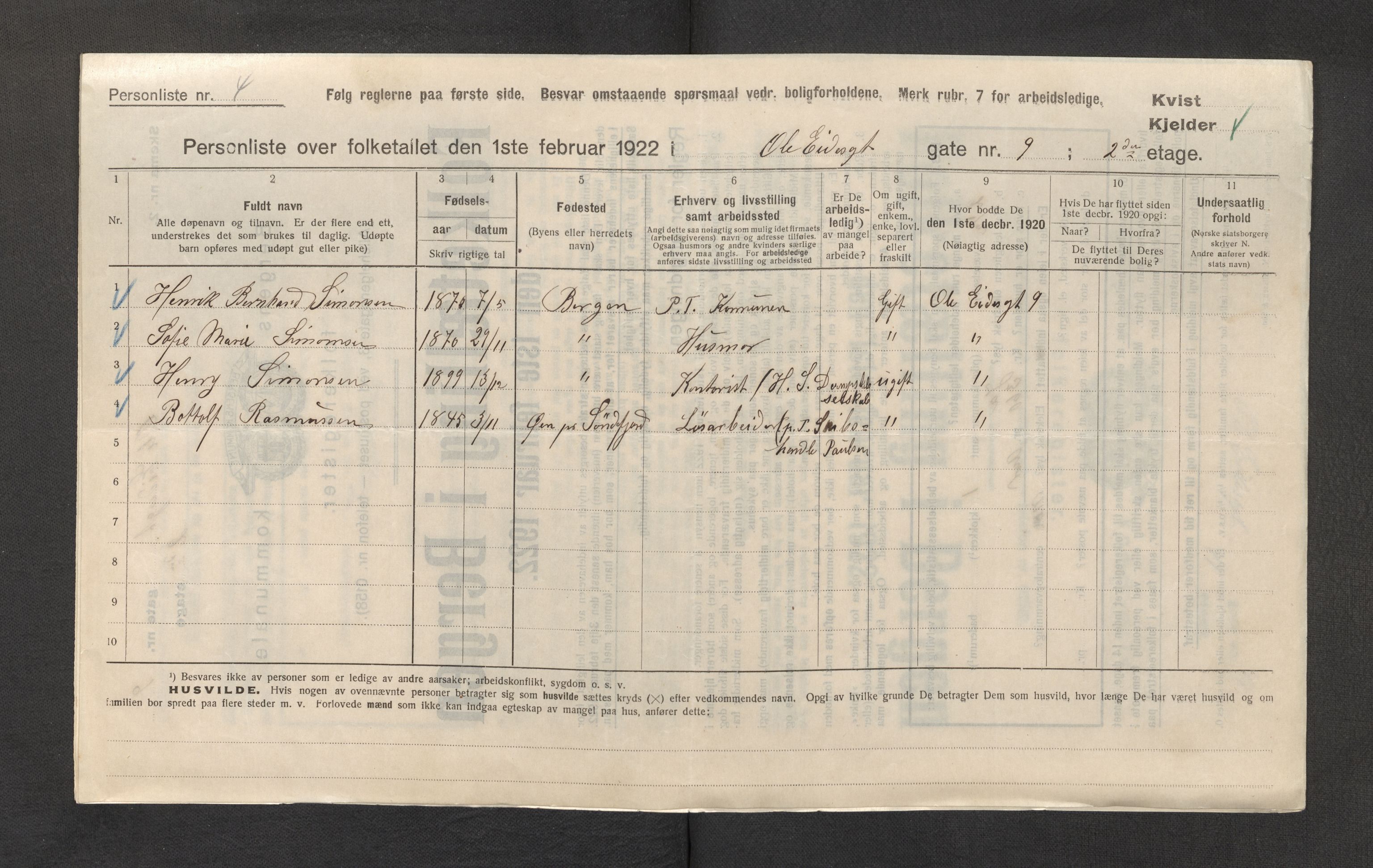 SAB, Municipal Census 1922 for Bergen, 1922, p. 30637