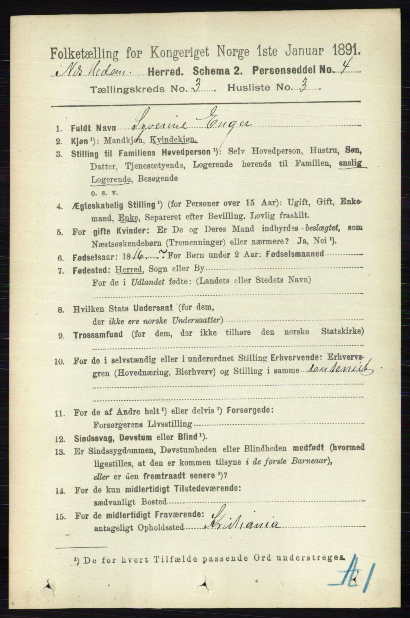 RA, 1891 census for 0411 Nes, 1891, p. 1611