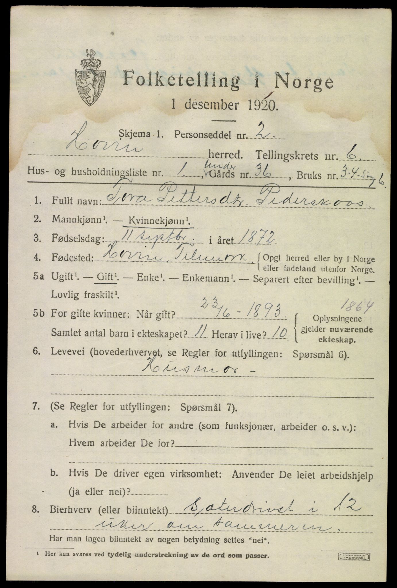 SAKO, 1920 census for Hovin, 1920, p. 1439