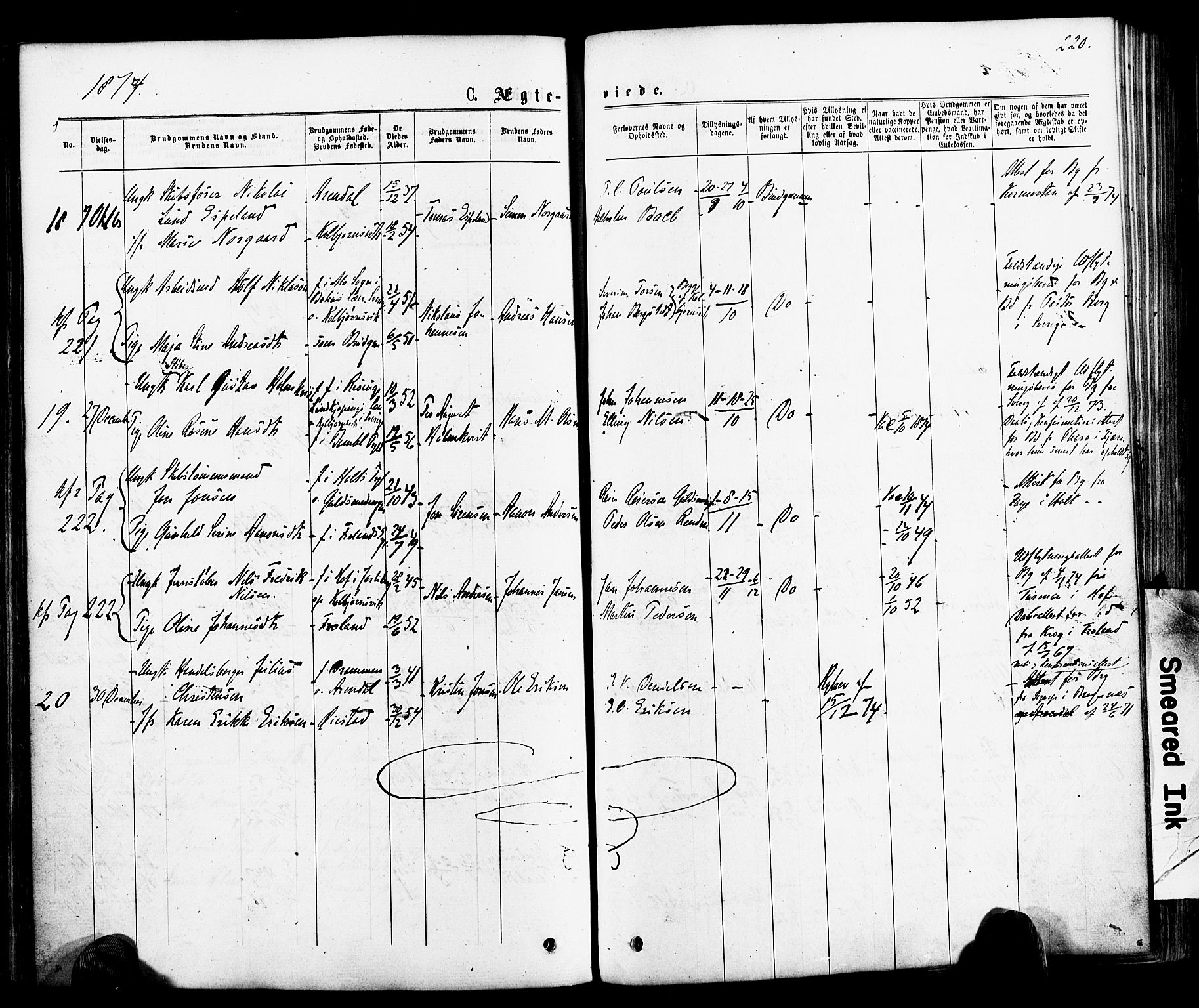 Hisøy sokneprestkontor, SAK/1111-0020/F/Fa/L0002: Parish register (official) no. A 2, 1872-1880, p. 220