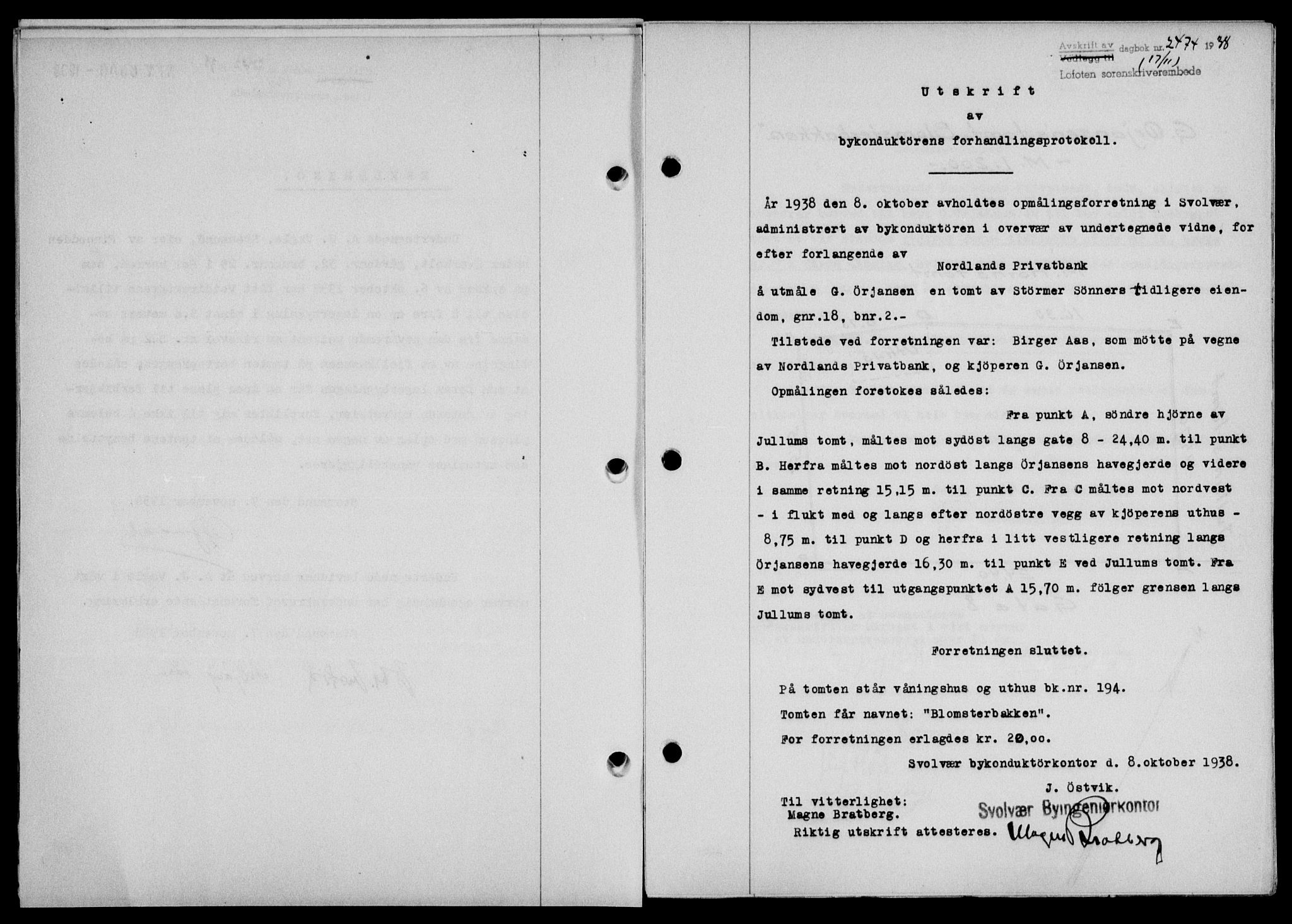 Lofoten sorenskriveri, SAT/A-0017/1/2/2C/L0004a: Mortgage book no. 4a, 1938-1938, Diary no: : 2474/1938