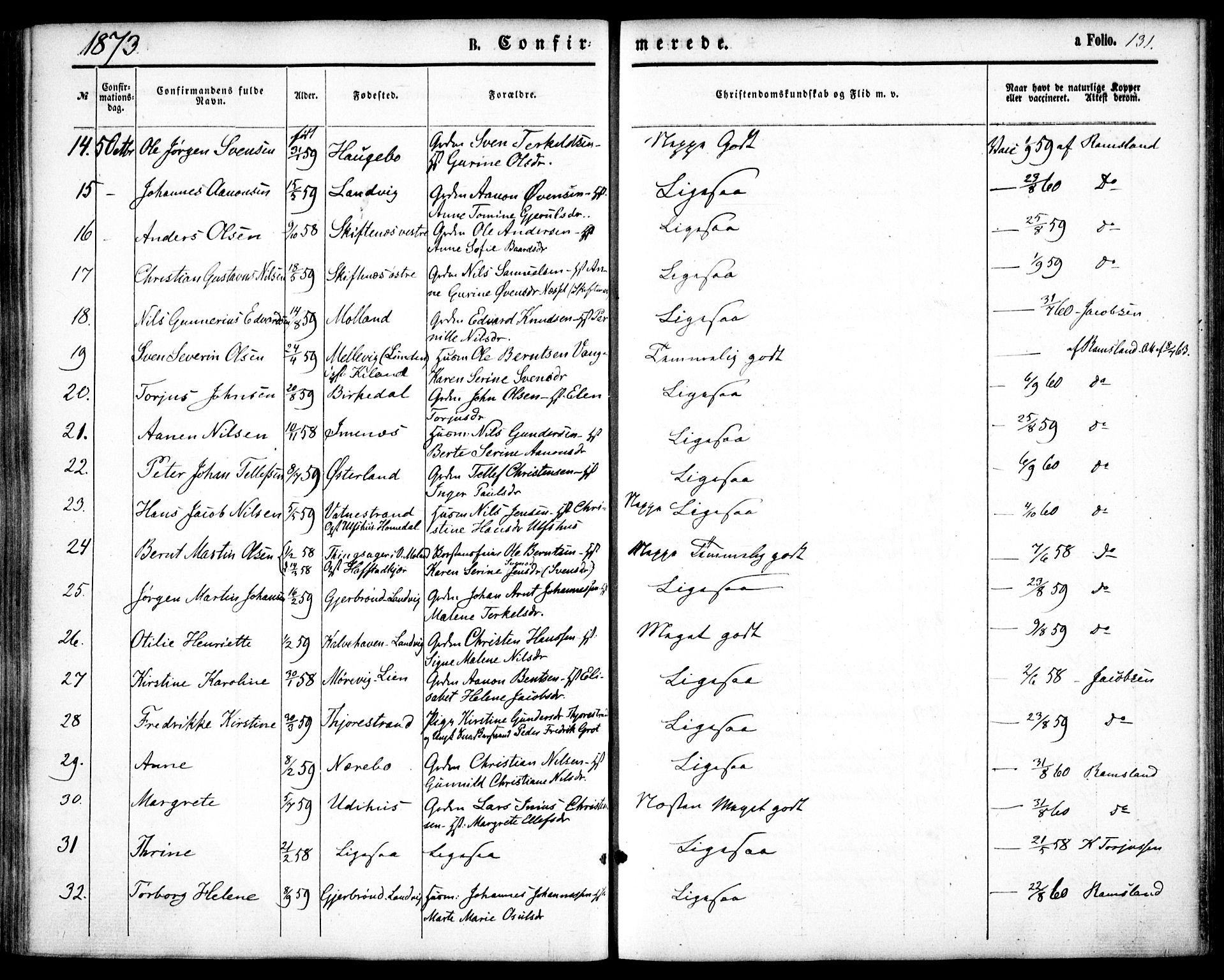Hommedal sokneprestkontor, AV/SAK-1111-0023/F/Fa/Fab/L0005: Parish register (official) no. A 5, 1861-1877, p. 131