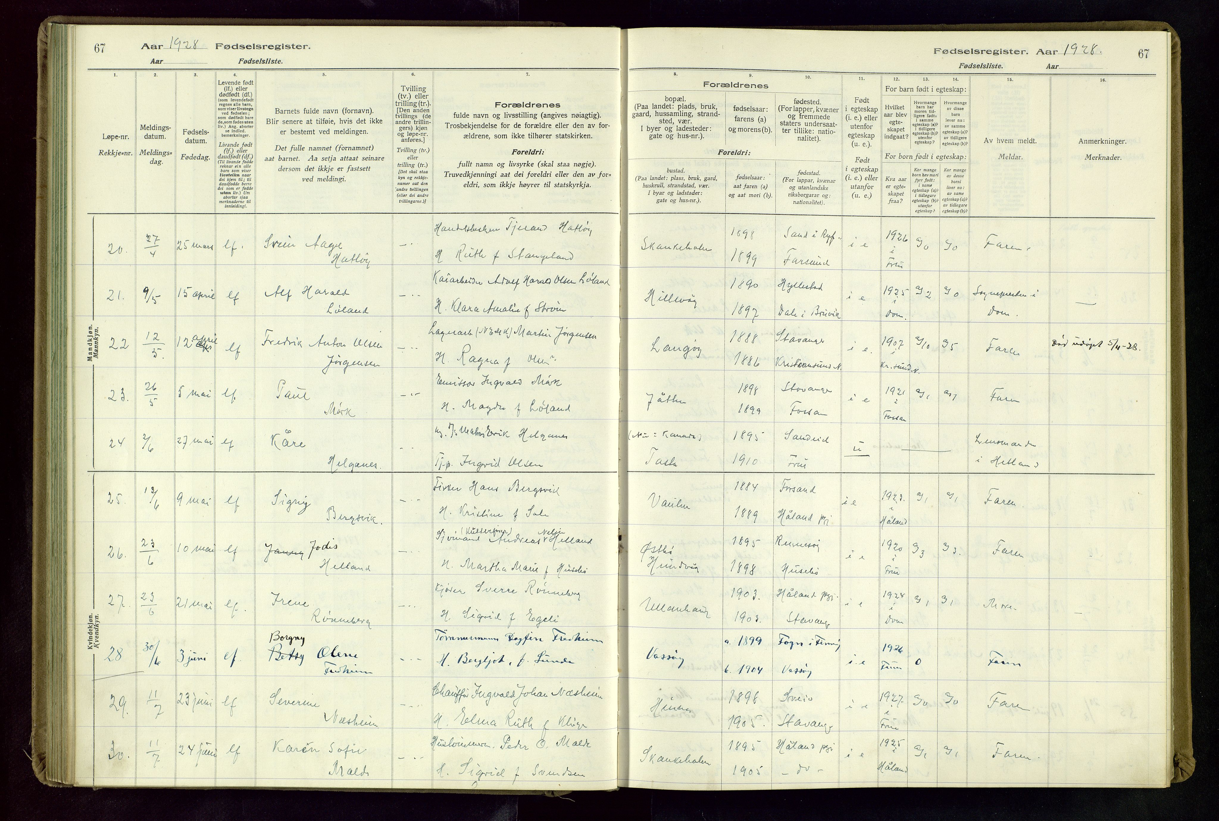 Hetland sokneprestkontor, AV/SAST-A-101826/70/704BA/L0004: Birth register no. 4, 1923-1937, p. 67