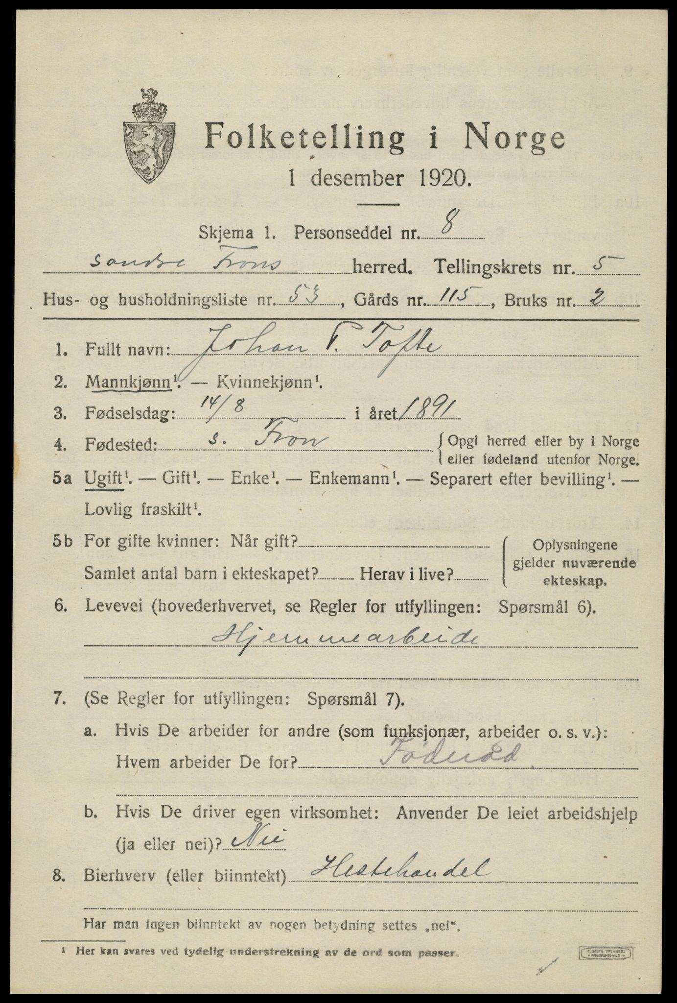 SAH, 1920 census for Sør-Fron, 1920, p. 6017