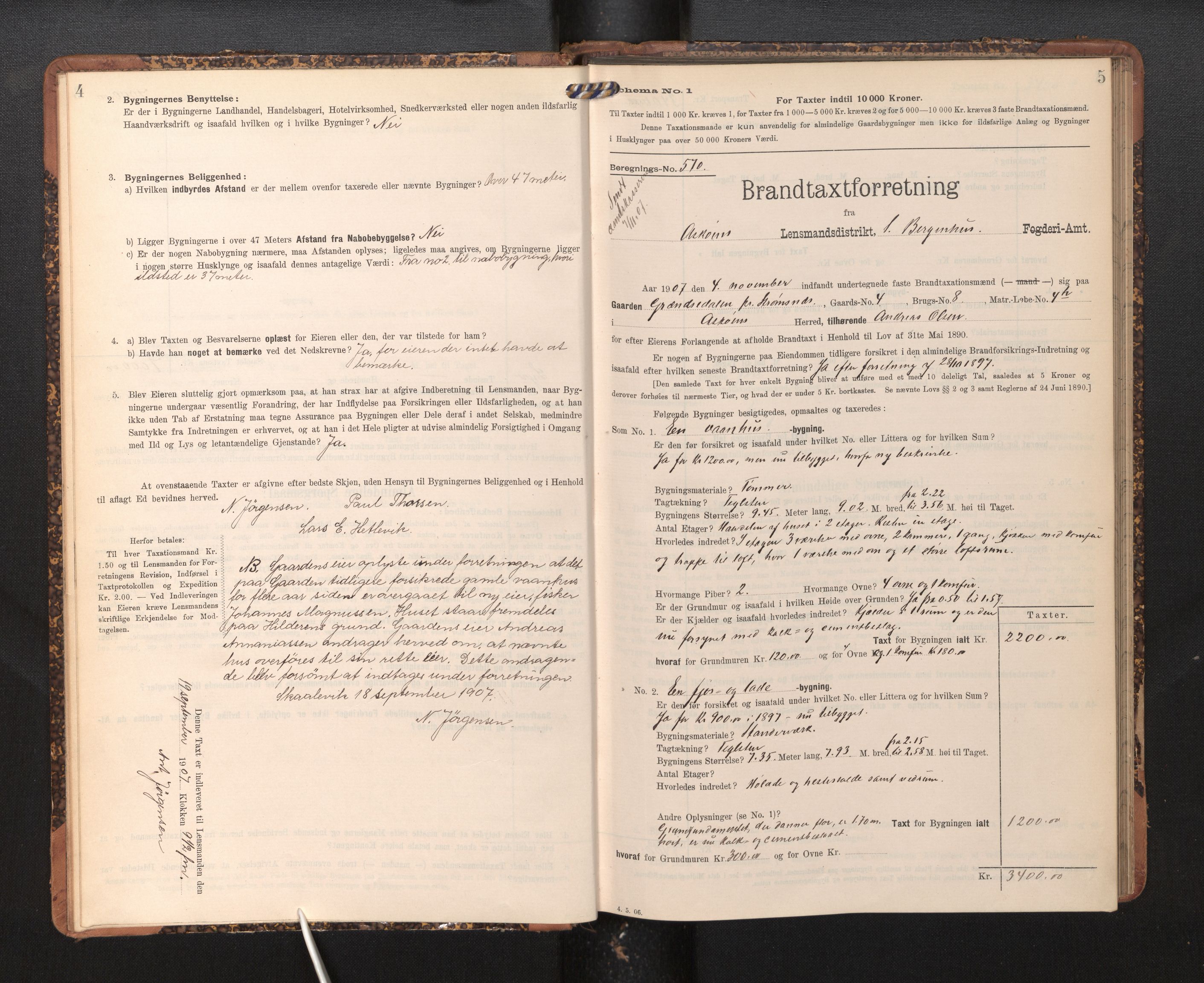 Lensmannen i Askøy, SAB/A-31001/0012/L0005: Branntakstprotokoll, skjematakst, 1907-1915, p. 4-5
