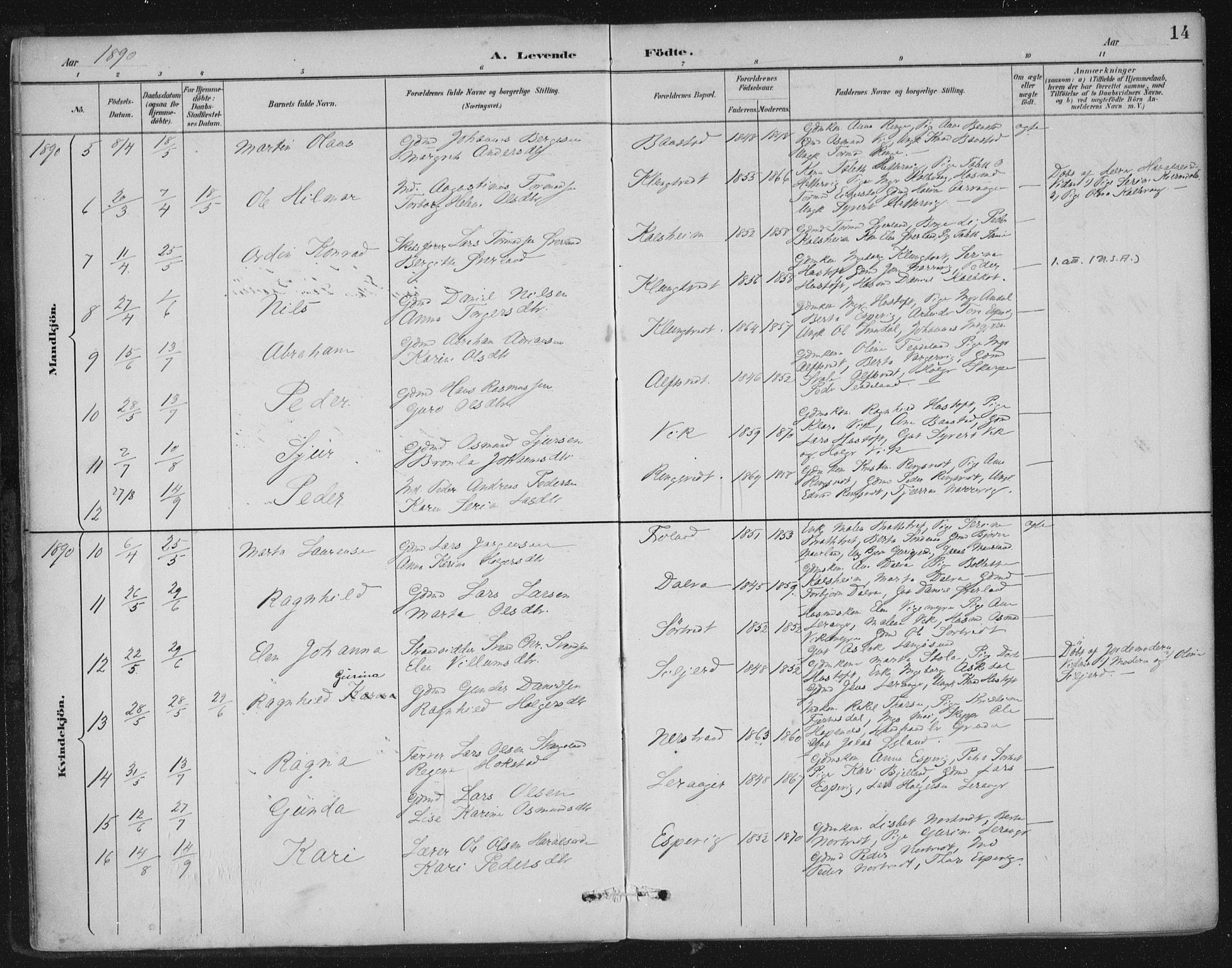 Nedstrand sokneprestkontor, AV/SAST-A-101841/01/IV: Parish register (official) no. A 12, 1887-1915, p. 14