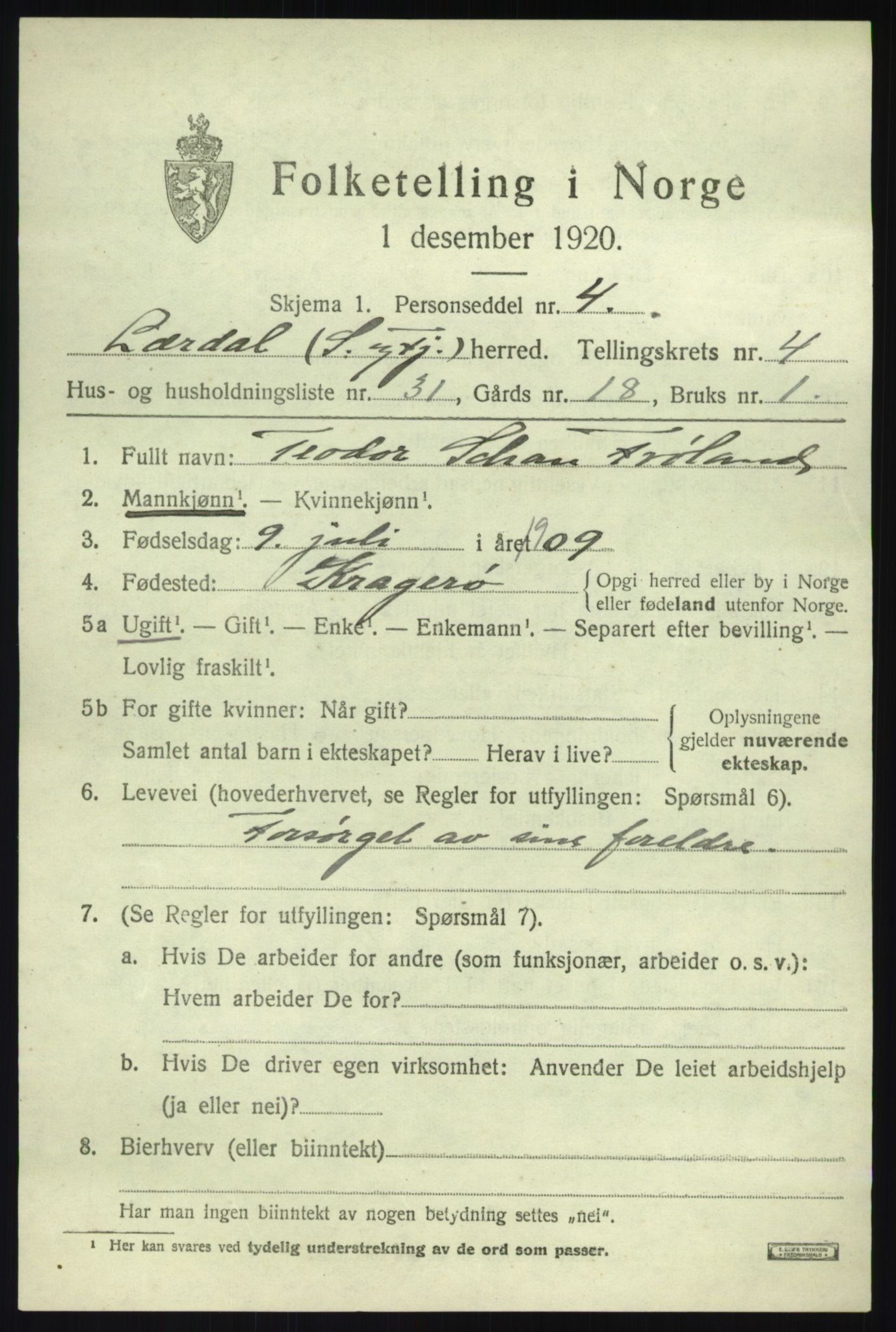 SAB, 1920 census for Lærdal, 1920, p. 2466