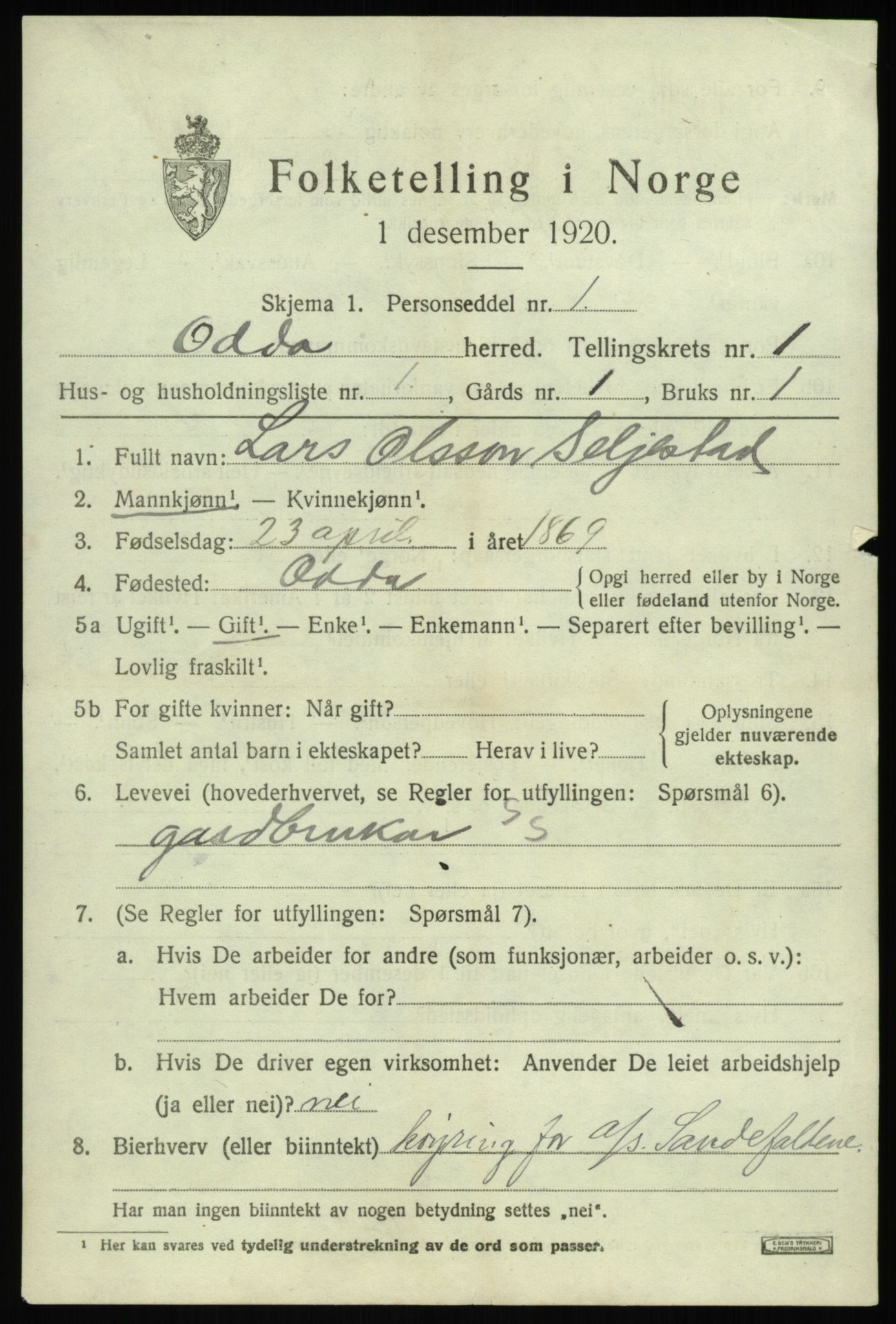 SAB, 1920 census for Odda, 1920, p. 1365