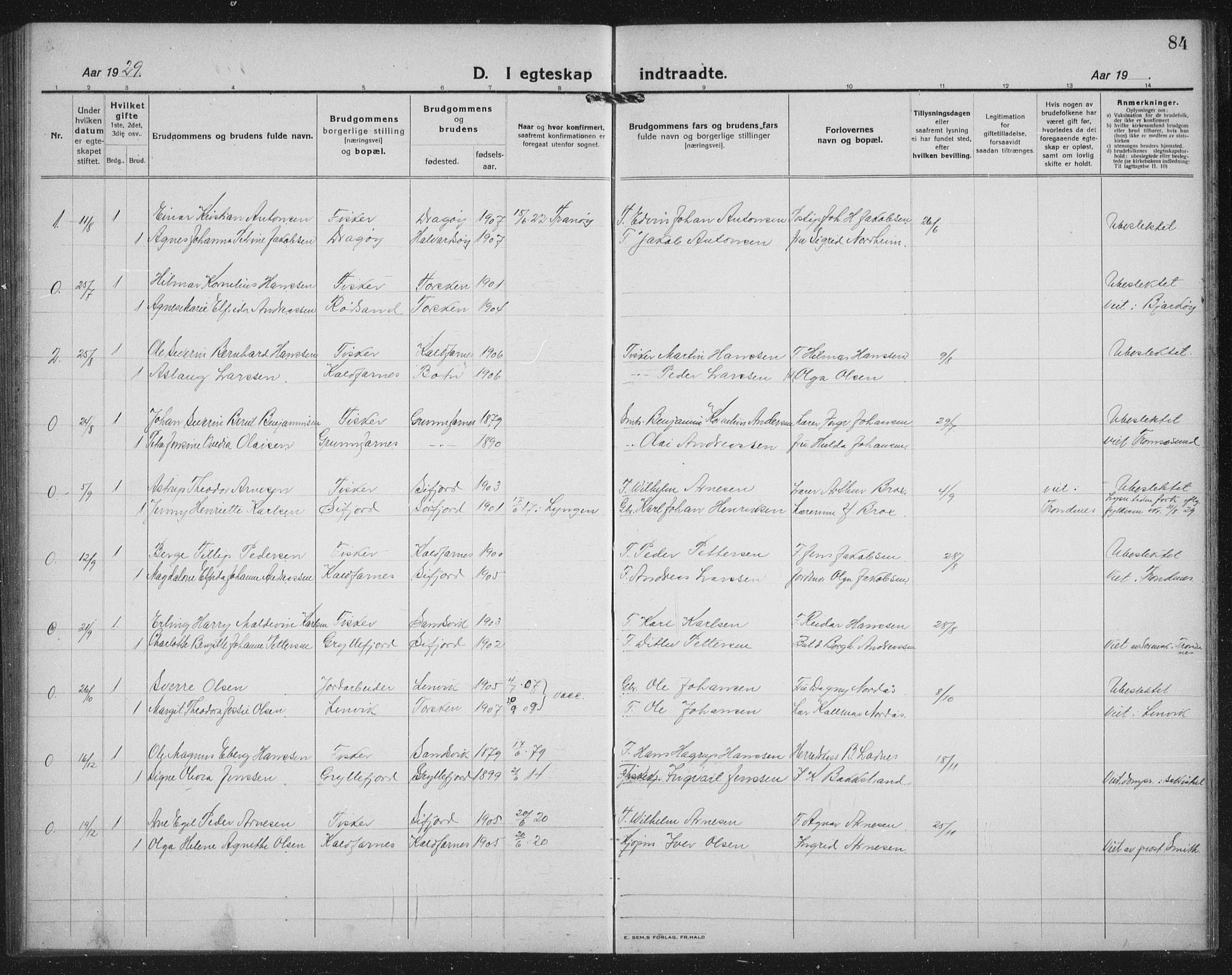 Berg sokneprestkontor, AV/SATØ-S-1318/G/Ga/Gab/L0014klokker: Parish register (copy) no. 14, 1922-1933, p. 84