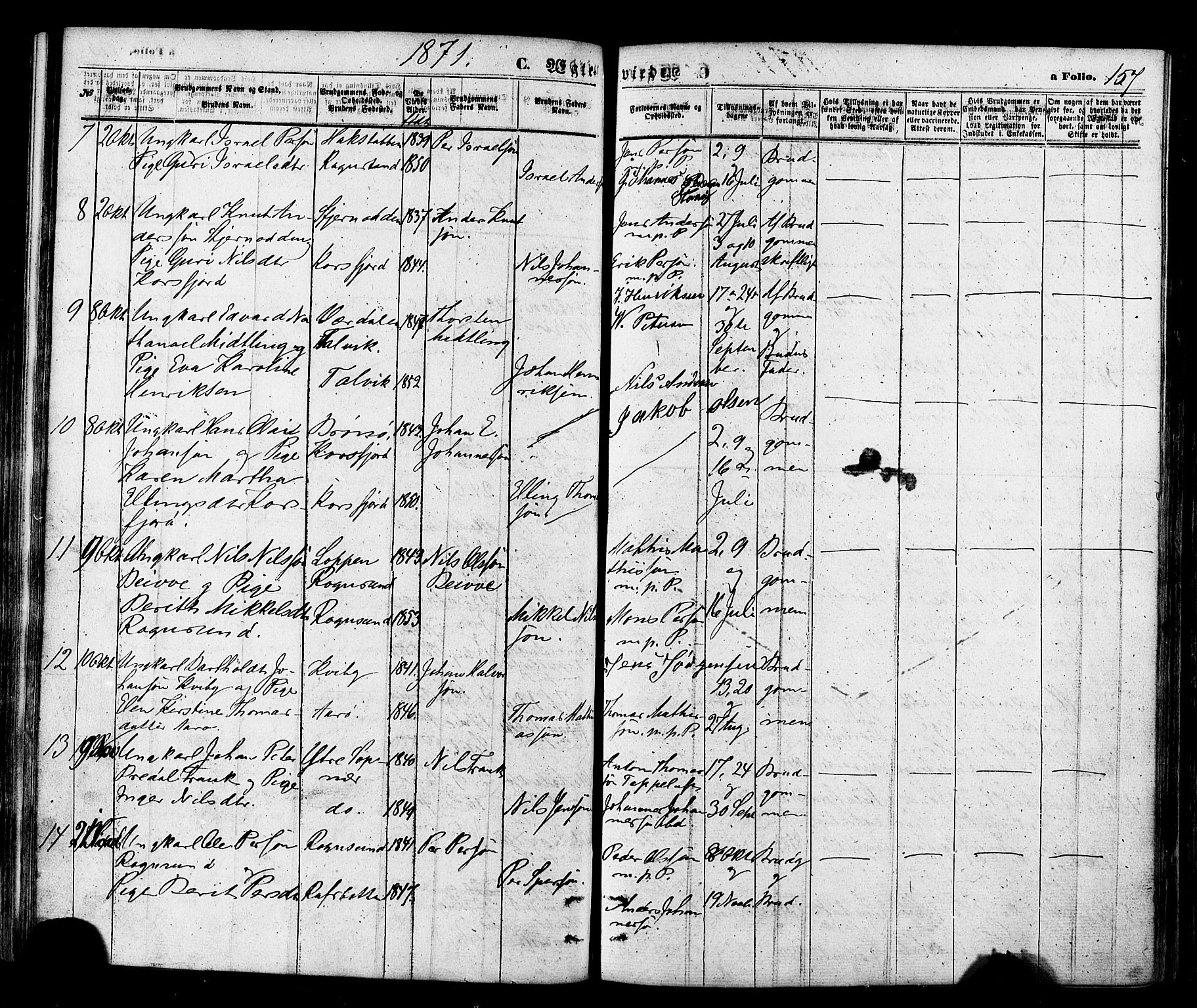 Talvik sokneprestkontor, SATØ/S-1337/H/Ha/L0011kirke: Parish register (official) no. 11, 1864-1877, p. 157