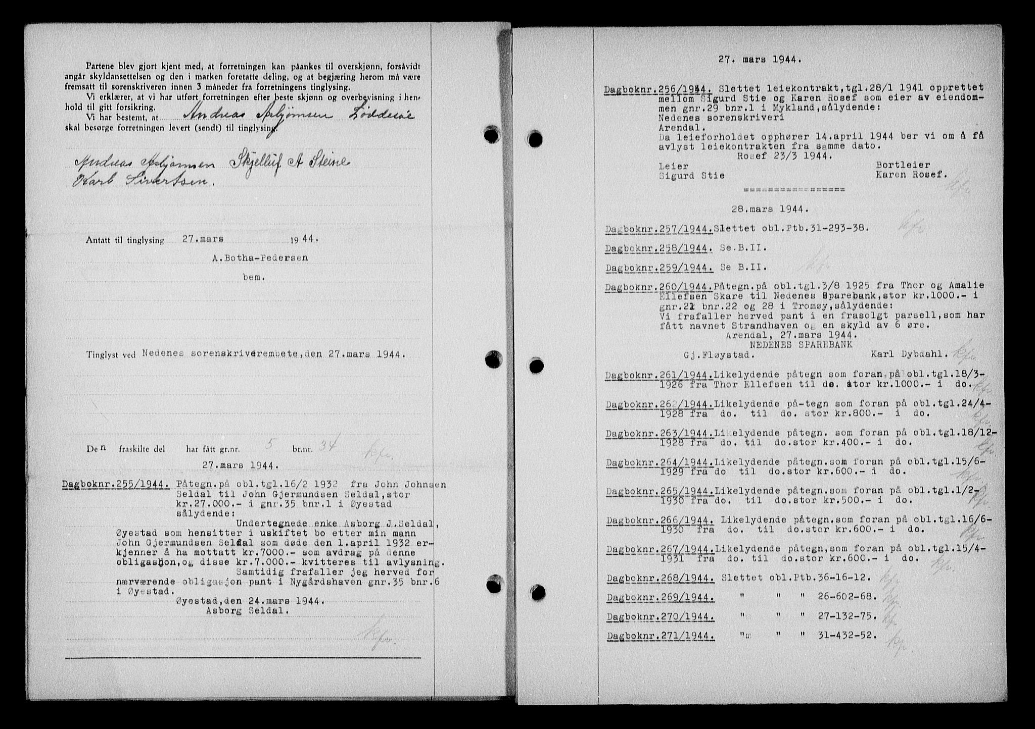 Nedenes sorenskriveri, SAK/1221-0006/G/Gb/Gba/L0051: Mortgage book no. A-V, 1943-1944, Diary no: : 255/1944