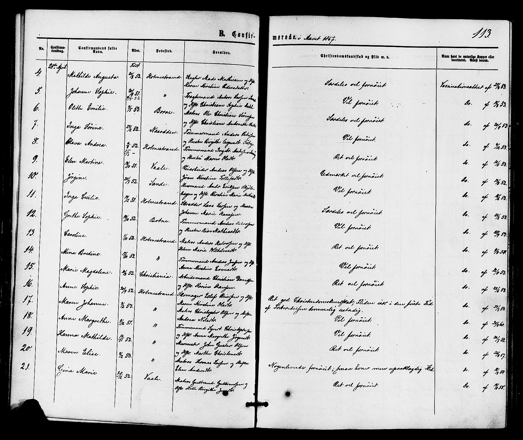 Holmestrand kirkebøker, AV/SAKO-A-346/F/Fa/L0003: Parish register (official) no. 3, 1867-1879, p. 113