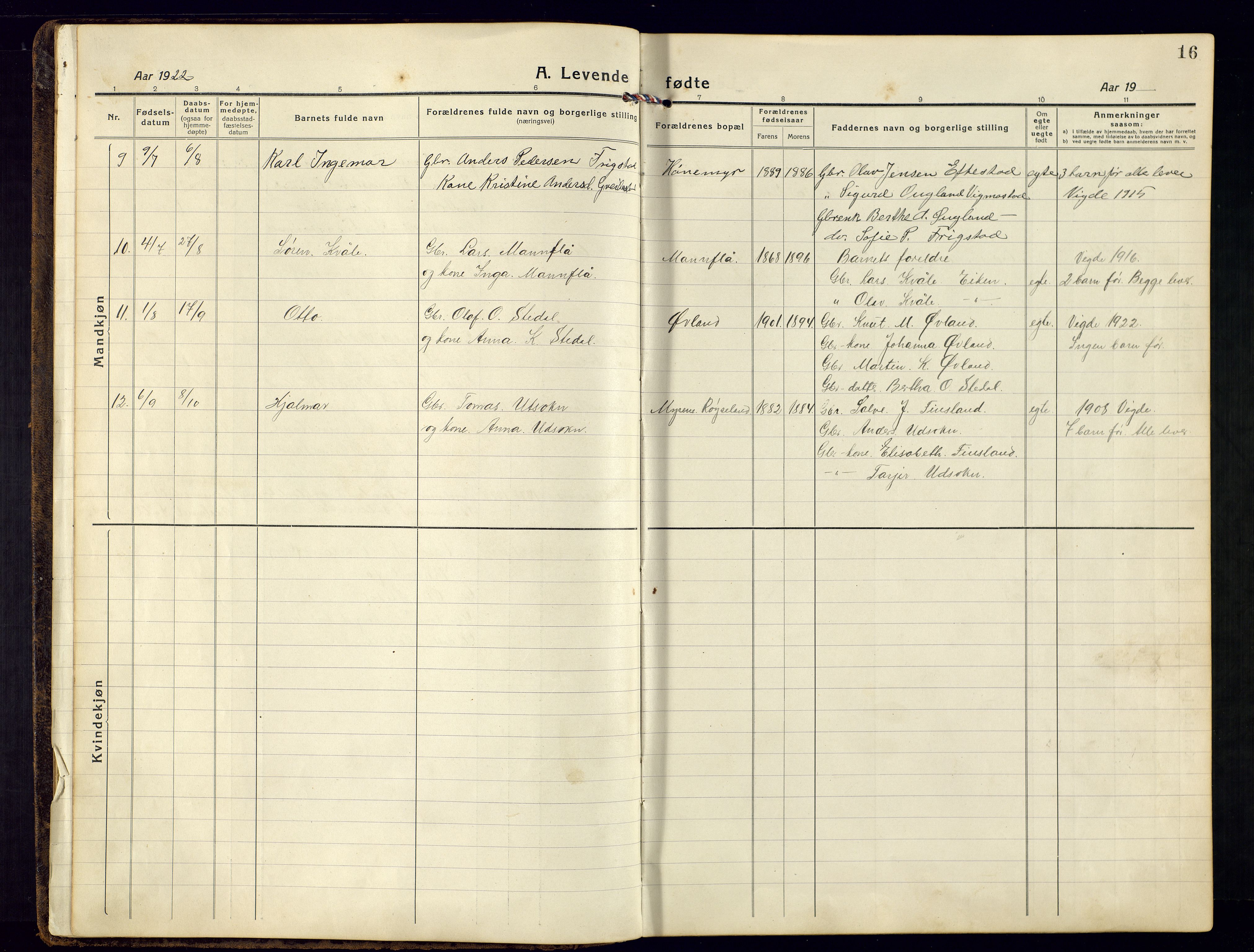 Bjelland sokneprestkontor, AV/SAK-1111-0005/F/Fb/Fbb/L0006: Parish register (copy) no. B-6, 1918-1946, p. 16