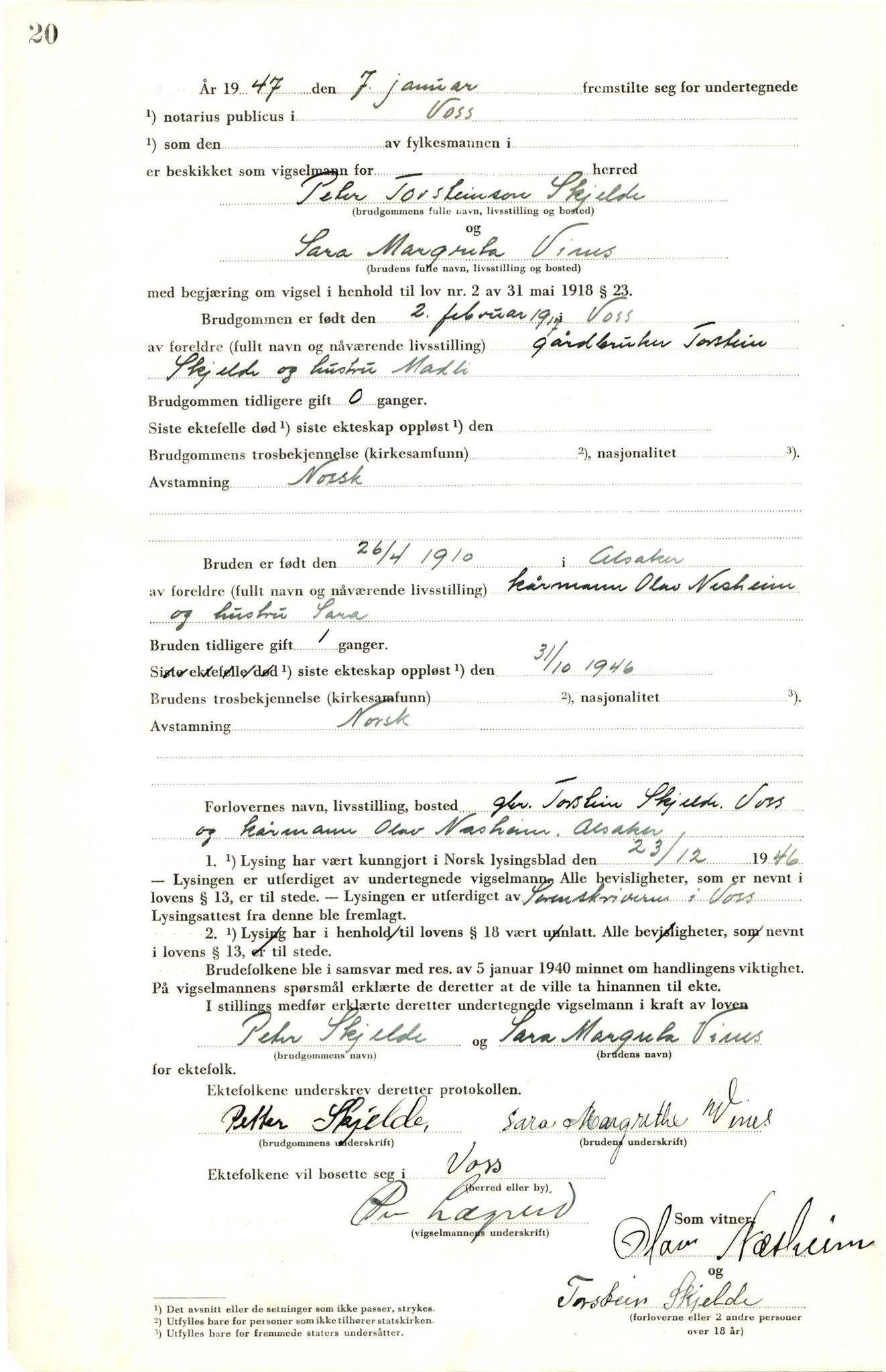 Voss sorenskrivar, AV/SAB-A-2701/M/Maa/L0003: Vigselbok, 1945-1969, p. 20